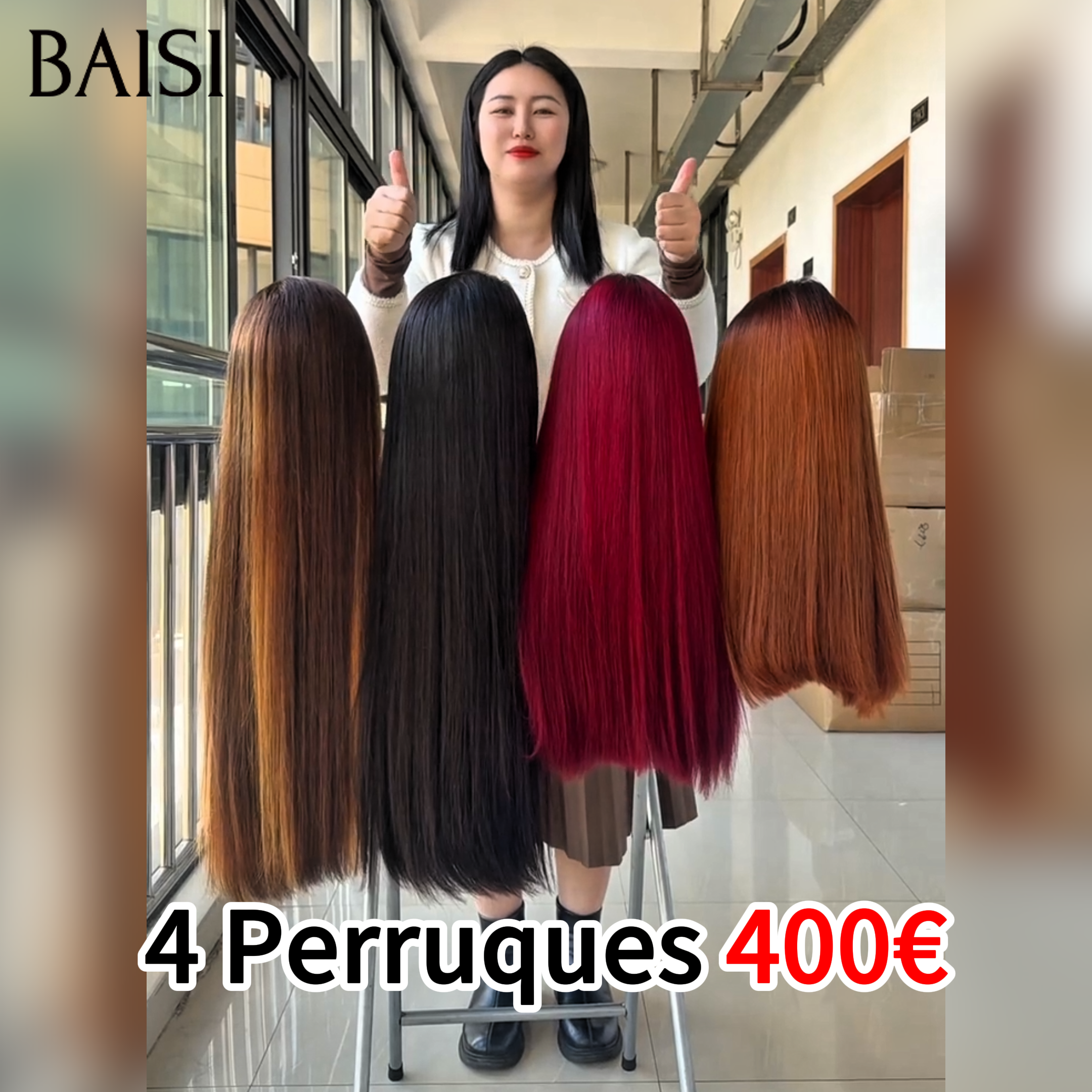 BAISI Promotion Black Friday 4 perruques 400€ 13x4 lace frontal Lisse en 4 couleurs Mixte Miel et NOIR et Bordeaux et Marron en 100% Cheveux Humains