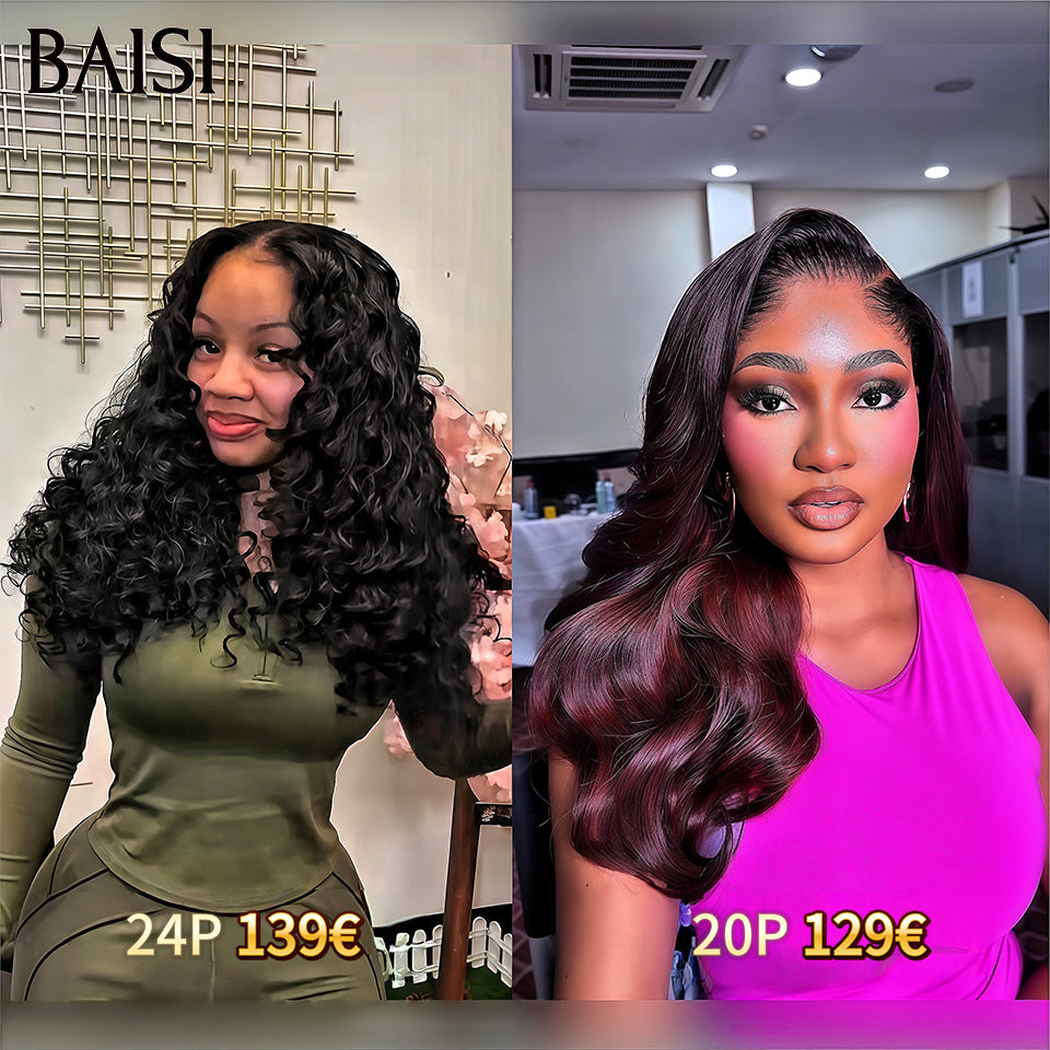 BAISI Grand PROMO BLACK FRIDAY BAS Prix aujourd'hui lace frontal 13x4 Perruque body wave Bordeaux et curly wave NOIR en 100% Cheveux Humains