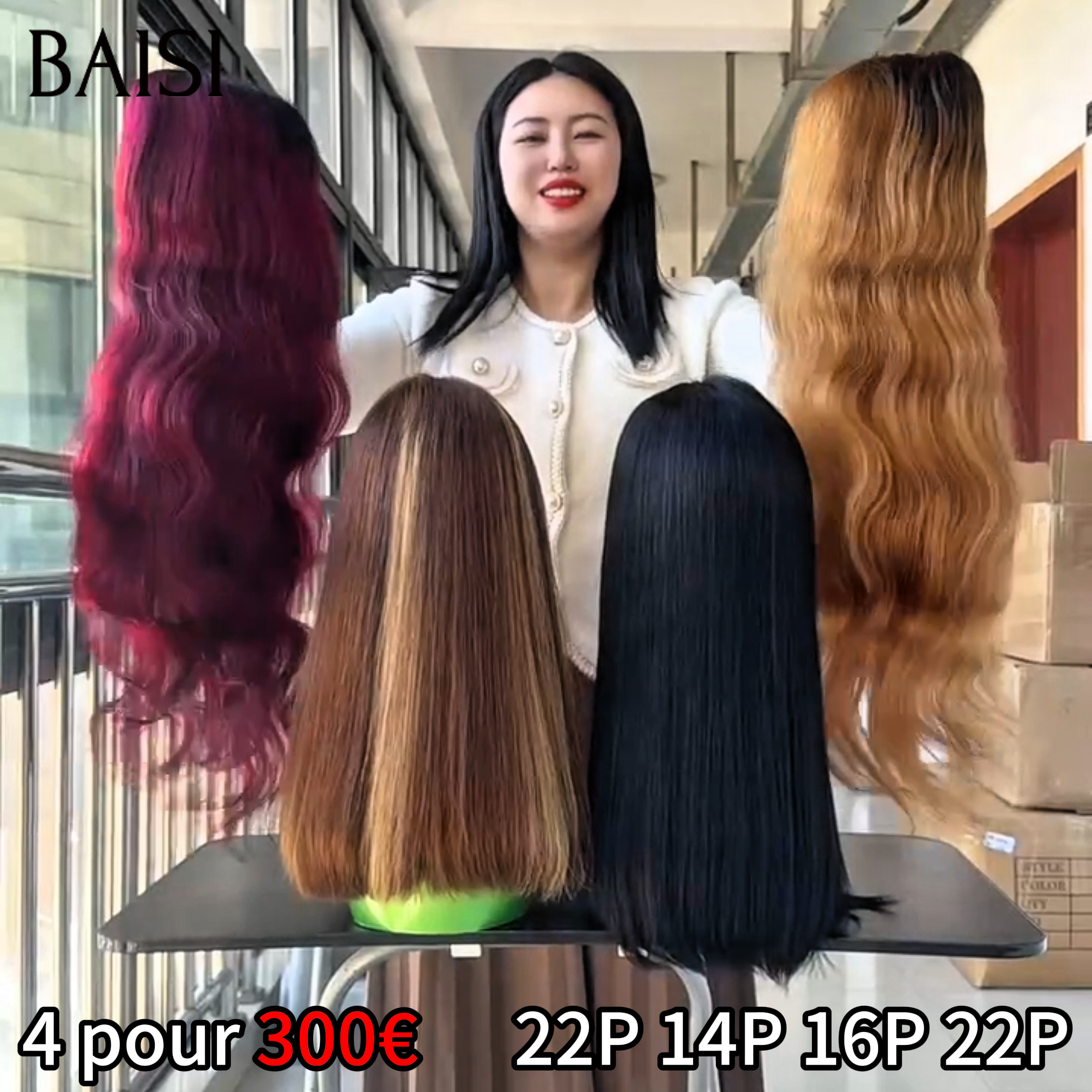 BAISI Promotion Black Friday 4 perruques 300€ 13x4 lace frontal Lisse et Body wave en 4 couleurs Mixte Miel et NOIR et Bordeaux et Marron en 100% Cheveux Humains