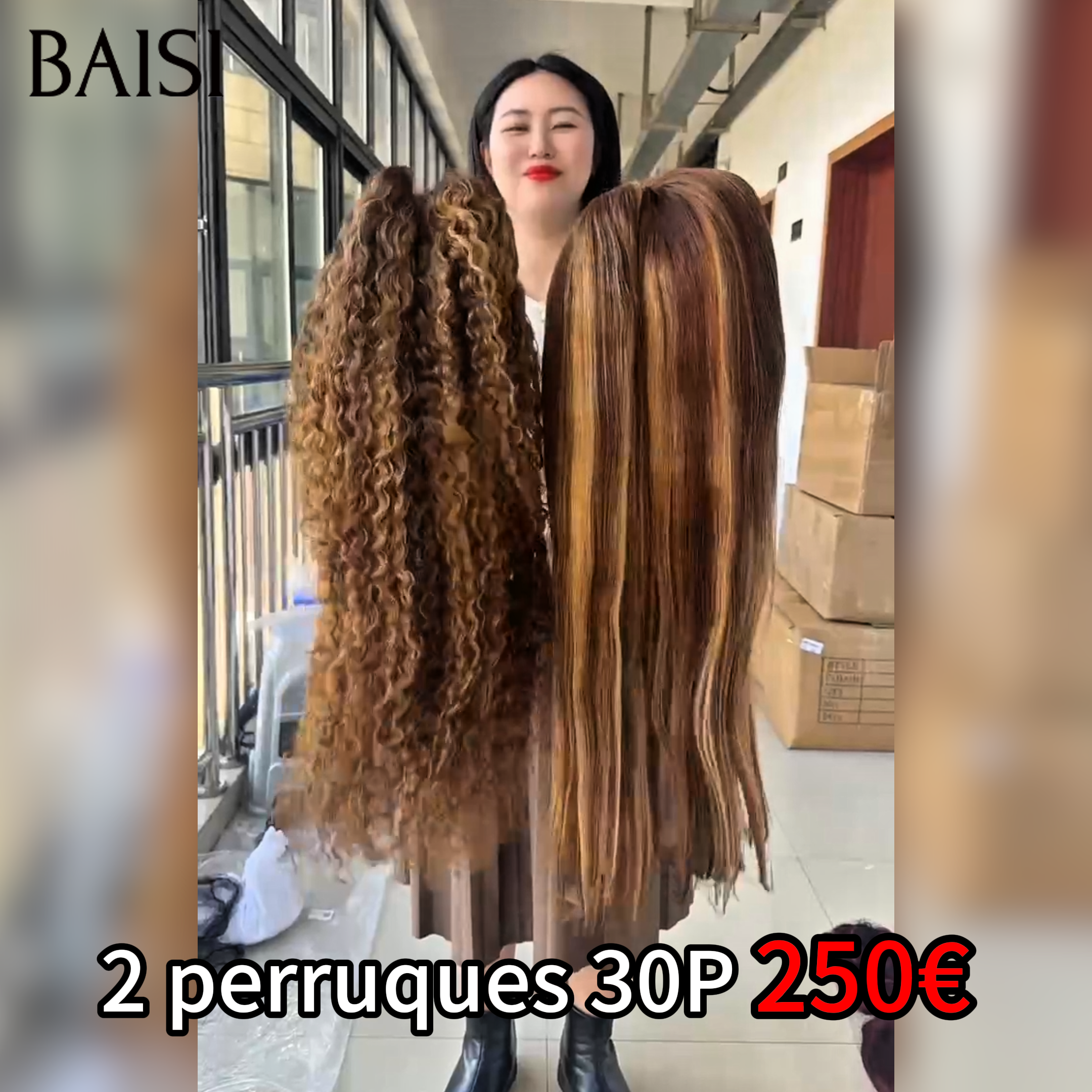 BAISI Promotion Black Friday 2 perruques 30 Pouces 250€ 13x4 lace frontal Lisse et deep wave Marron Mixte Miel en 100% Cheveux Humains