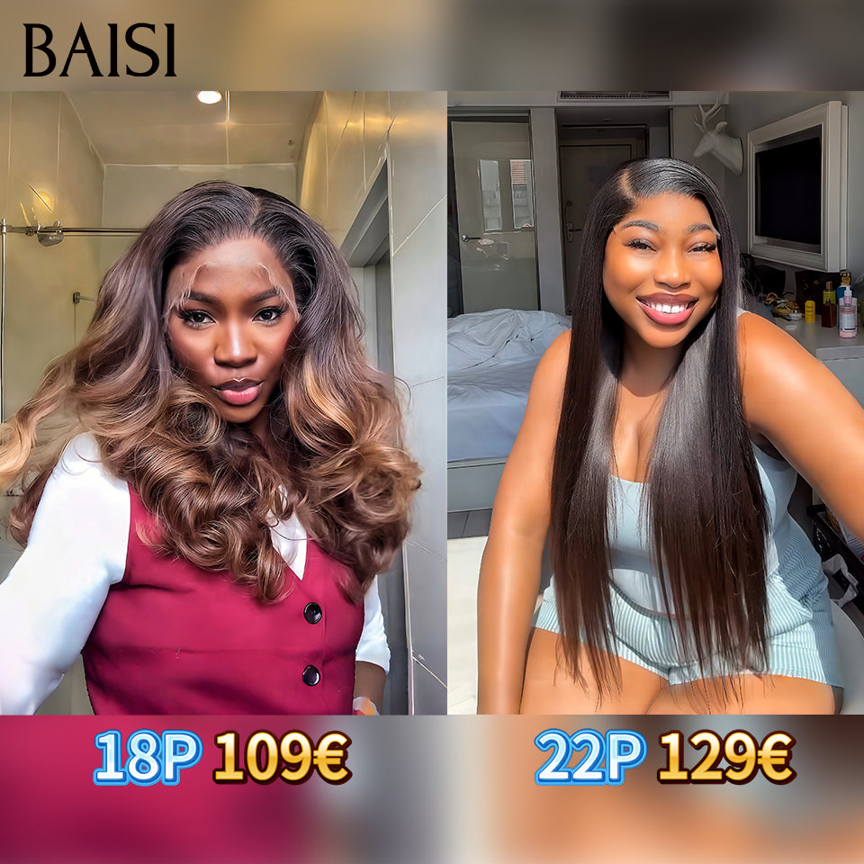 BAISI BLACK FRIDAY Offre limitée lace frontal 13x4 Perruque body wave 18 Pouces Marron 1BT4# et Lisse 22 Pouces NOIR en 100% Cheveux Humains