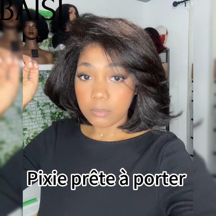 BAISI 4x4 Perruque bob Kinky Straight en haut de gamme avec les Baby Hair naturel Pré-plucked Pas Besoin de Colle en 100% Raw Hair Lace déjà couper 4C Hairline