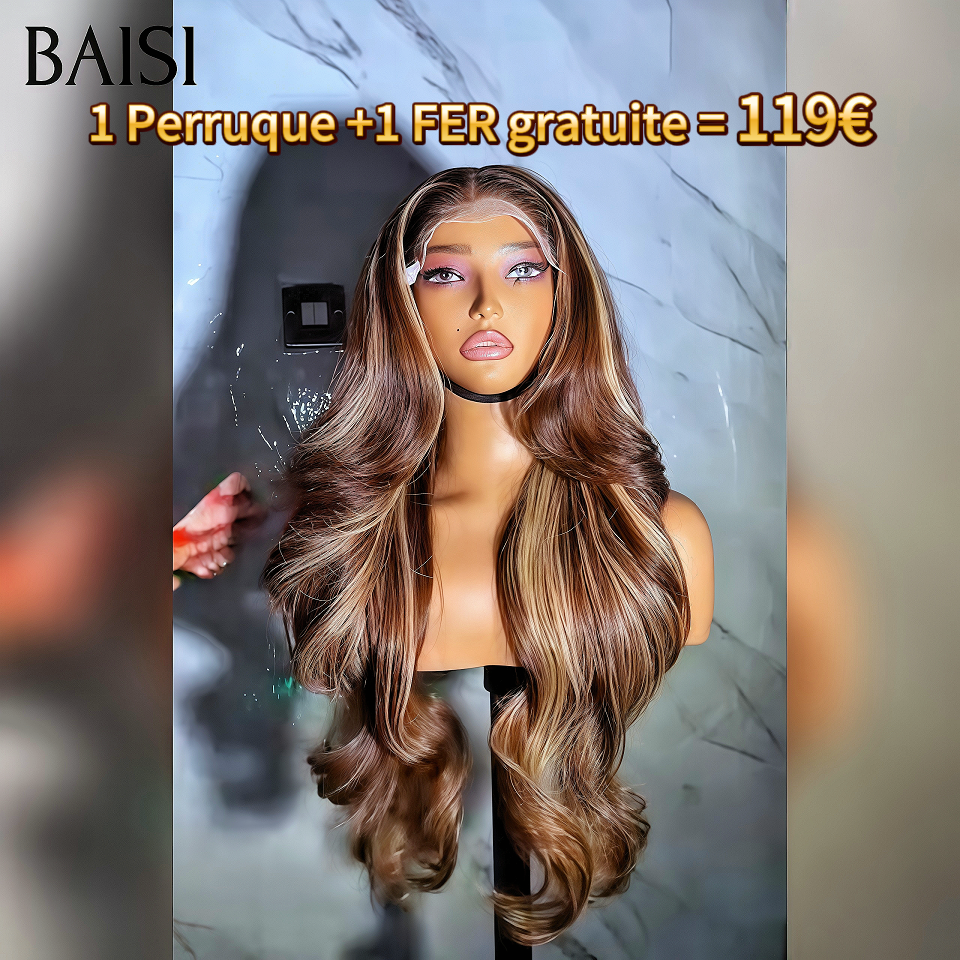 BAISI 1 Perruque +1 FER gratuite = 119€ BLACK FRIDAY Offre limitée 13x4 lace frontal Body wave Marron Mixte Miel 24 Pouces en 100% Cheveux Humains