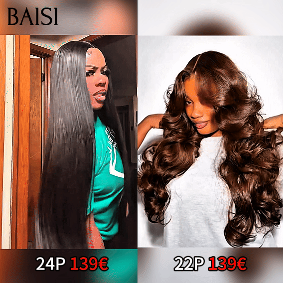 BAISI PROMO BLACK FRIDAY lace frontal 13x4 Perruque 24 Pouces Lisse NOIR ou Body wave 22 Pouces Marron en 100% Cheveux Humains