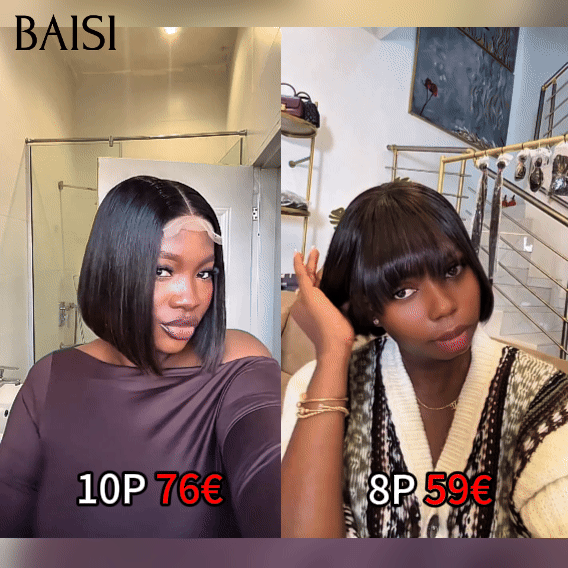 BAISI BLACK FRIDAY Offre limitée lace closure 4x4 Perruque 10 Pouces Lisse 1BT4# ou Lisse avec Frange 8 Pouces NOIR en 100% Cheveux Humains