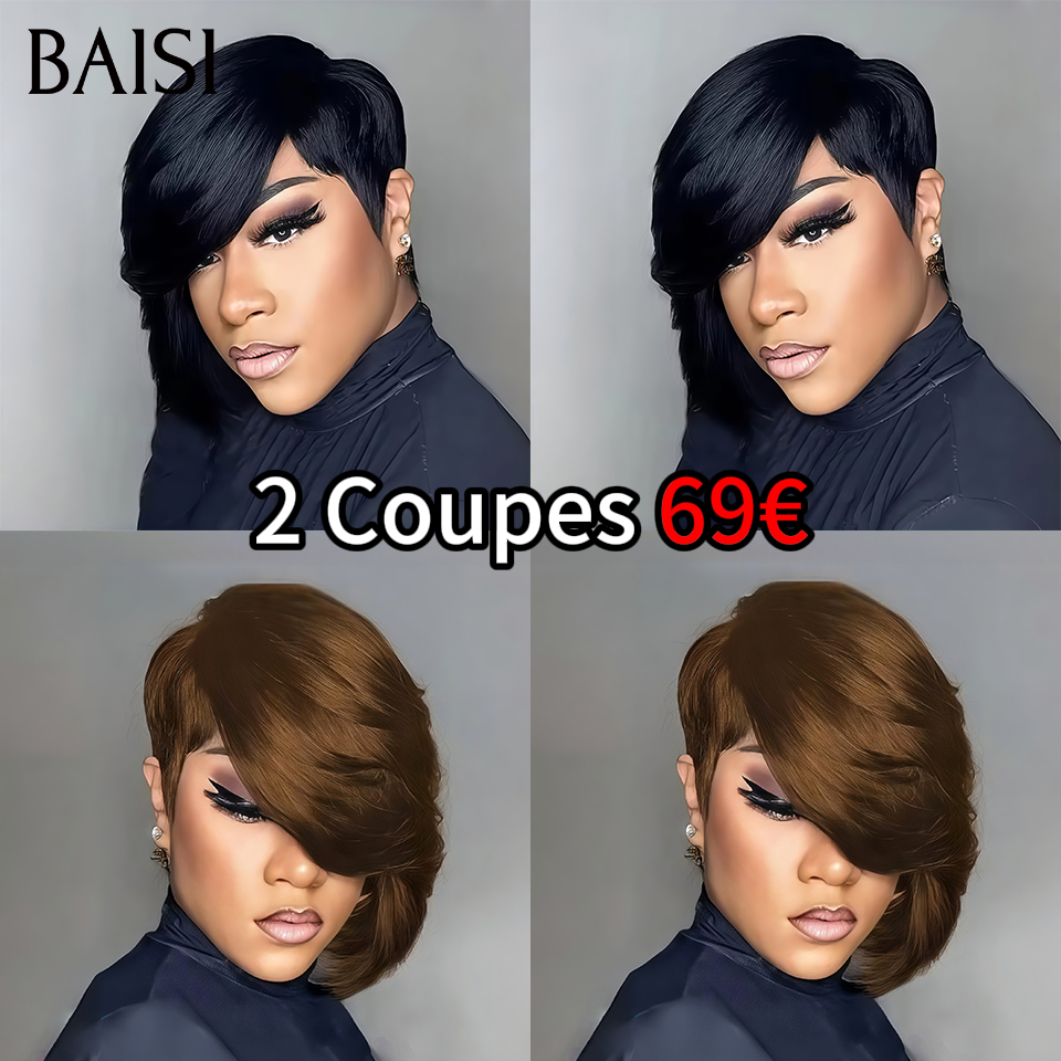 BAISI 2 Perruques 69€ PROMO Le plus BAS PRIX pixie sans lace lisse NOIR et Marron en 100% cheveux humains