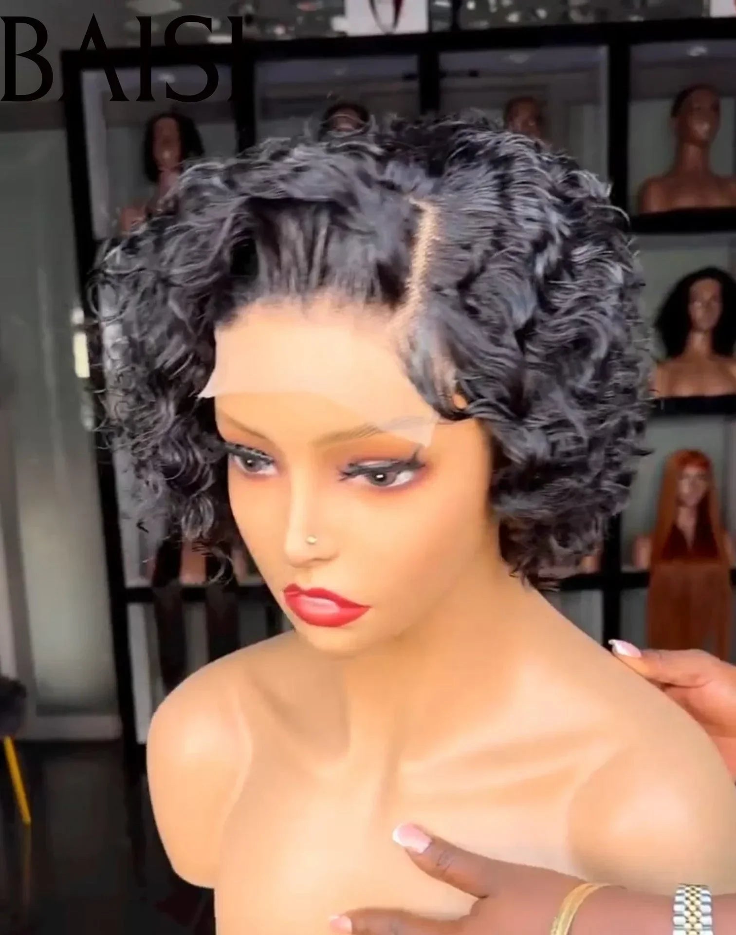 BAISI 13X4 Spitzen-Pixie-Wellenperücke in schwarzer Farbe 88 € in 100 % Echthaar
