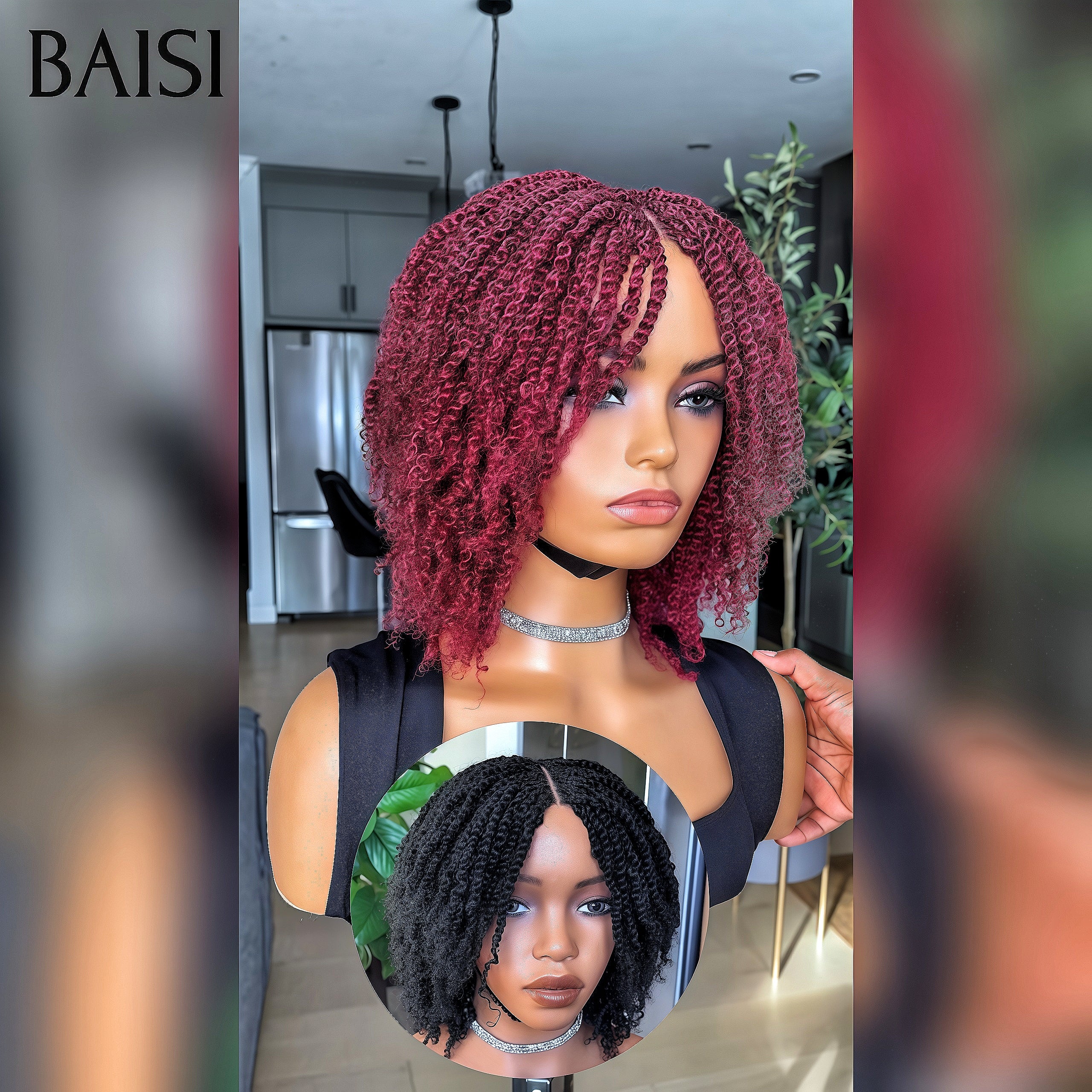 BAISI Nouveautés Arrivage perruque full lace avec coiffure tressée natte en 2 couleurs Bordeaux et NOIR en 100% Cheveux Humains