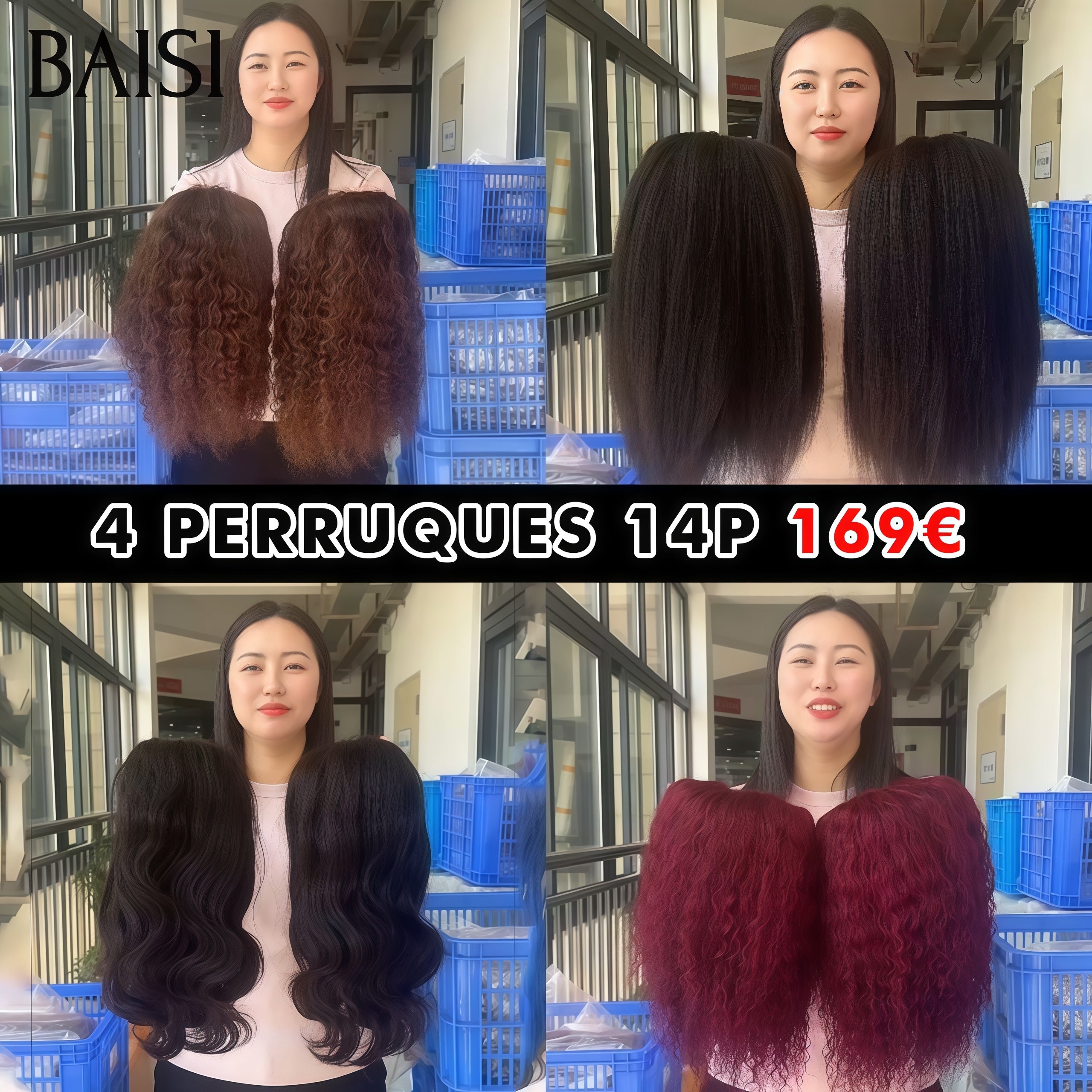 BAISI PROMO BLACK FRIDAY 4 perruques 169€ 13x4 lace frontal curly wave et Body wave et kinky straight 14 Pouces BOB en 3 couleurs Marron et NOIR et Bordeaux en 100% Cheveux Humains