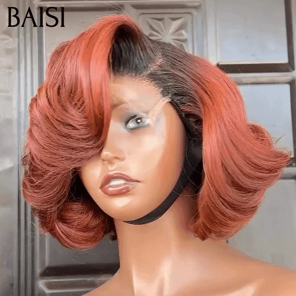 BAISI 5x5 lace Egg Wave em preto 76€ e 13X4 lace Peruca Pixie Cores personalizadas 1BT-4#350# 75€ em 100% Cabelo Humano FR38