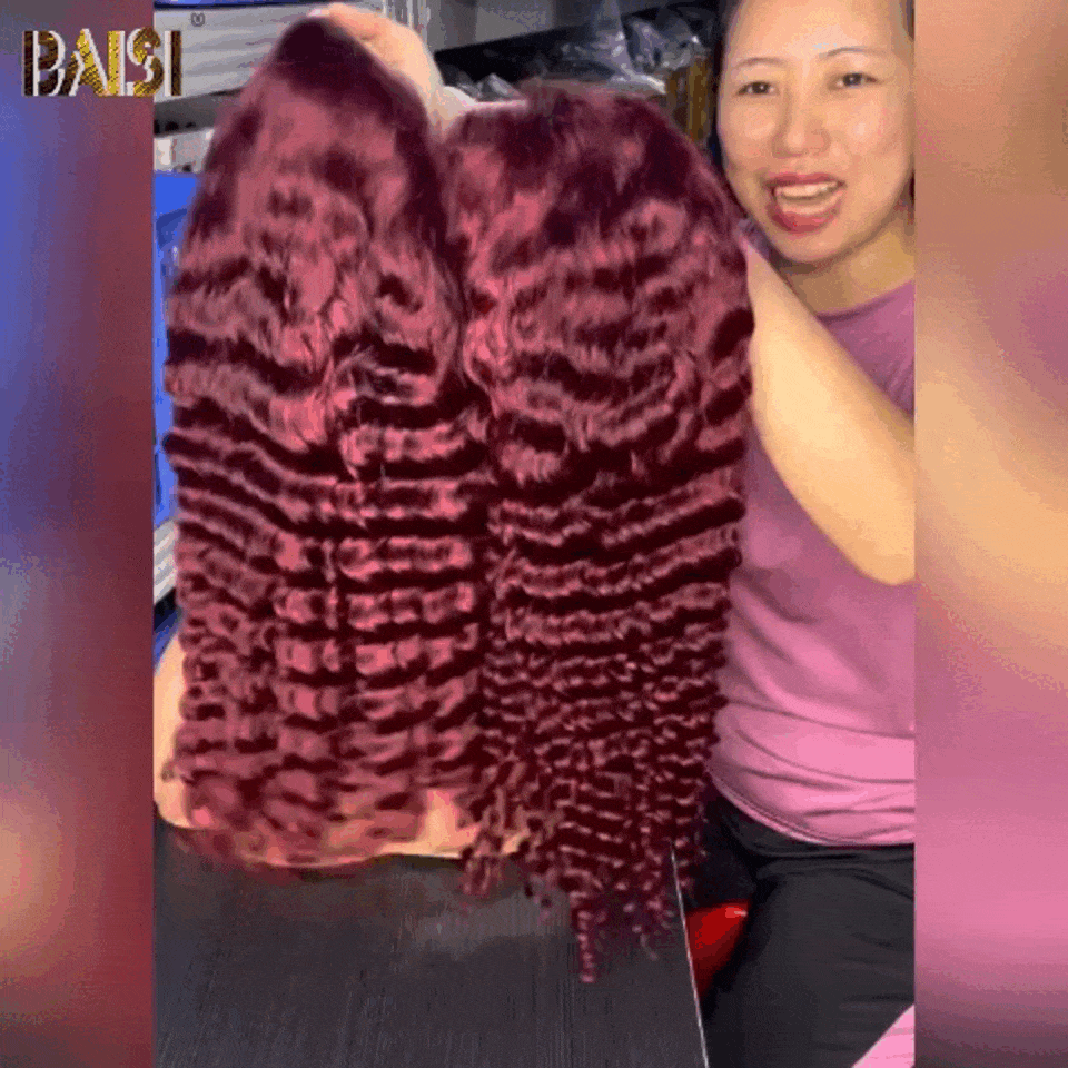 BAISI Achetez 2 perruques minimum au prix d'usine fournisseur 13x4 Lace Frontal Perruque Cruly Rouge Bordeaux en 100% Cheveux Humains (Pas Besoin de Code)