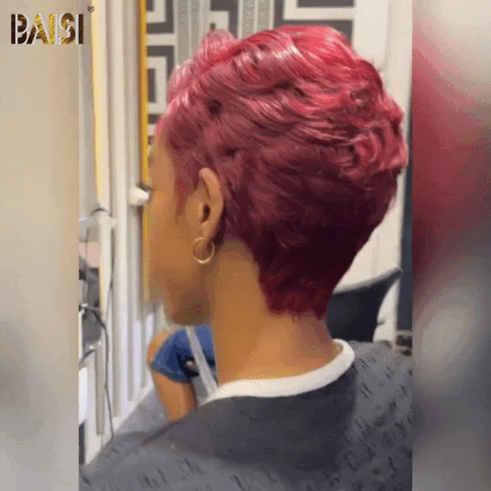 BAISI Perruque Pixie bouclé petite coupe en couleur bordeaux 99J# 6 pouces 80€ En 100% Cheveux Humains