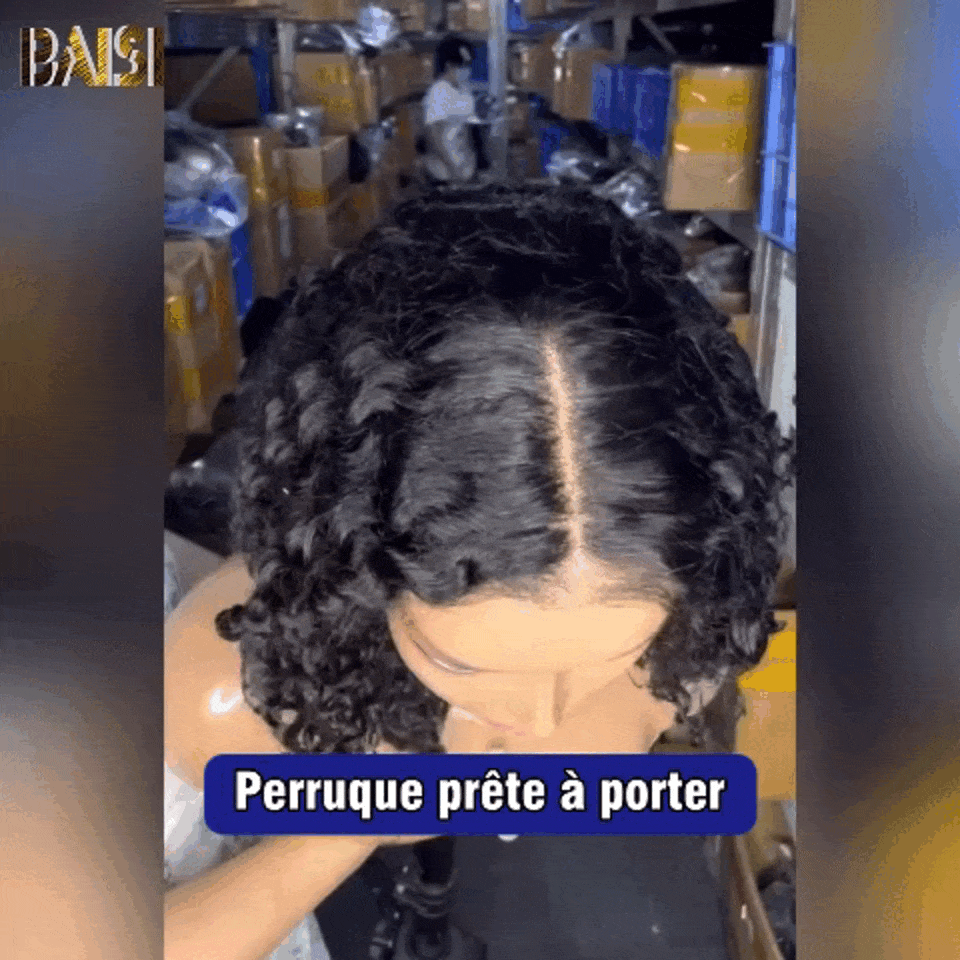 BAISI 13x4 Perruque Bob Curly en Noir Sans Colle Lace déjà couper Facile à Porter en 100% Cheveux Humains
