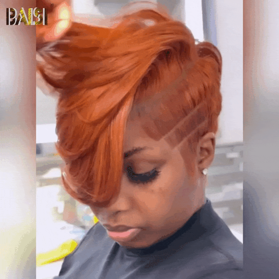 BAISI Perruque Full Lace 100% Cheveux Naturels Perruque Ondulée Coupe Pixie Full Lace Perruque personnalisée Lisse en Couleur orange en 100% cheveux humains