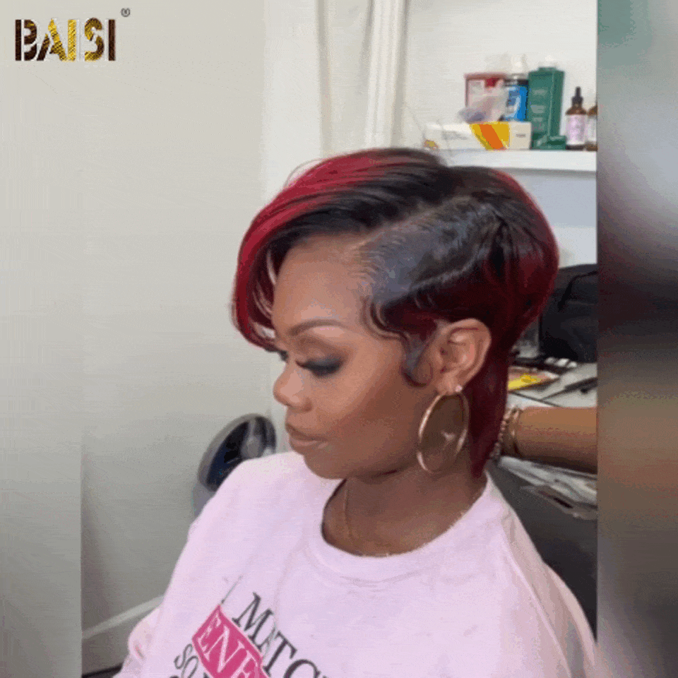 BAISI Perruque Full Lace 100% Cheveux Naturels Perruque Ondulée Coupe Pixie Full Lace Perruque personnalisée Lisse en Couleur Noir Mix Bordeaux 1B#99J# en 100% cheveux humains