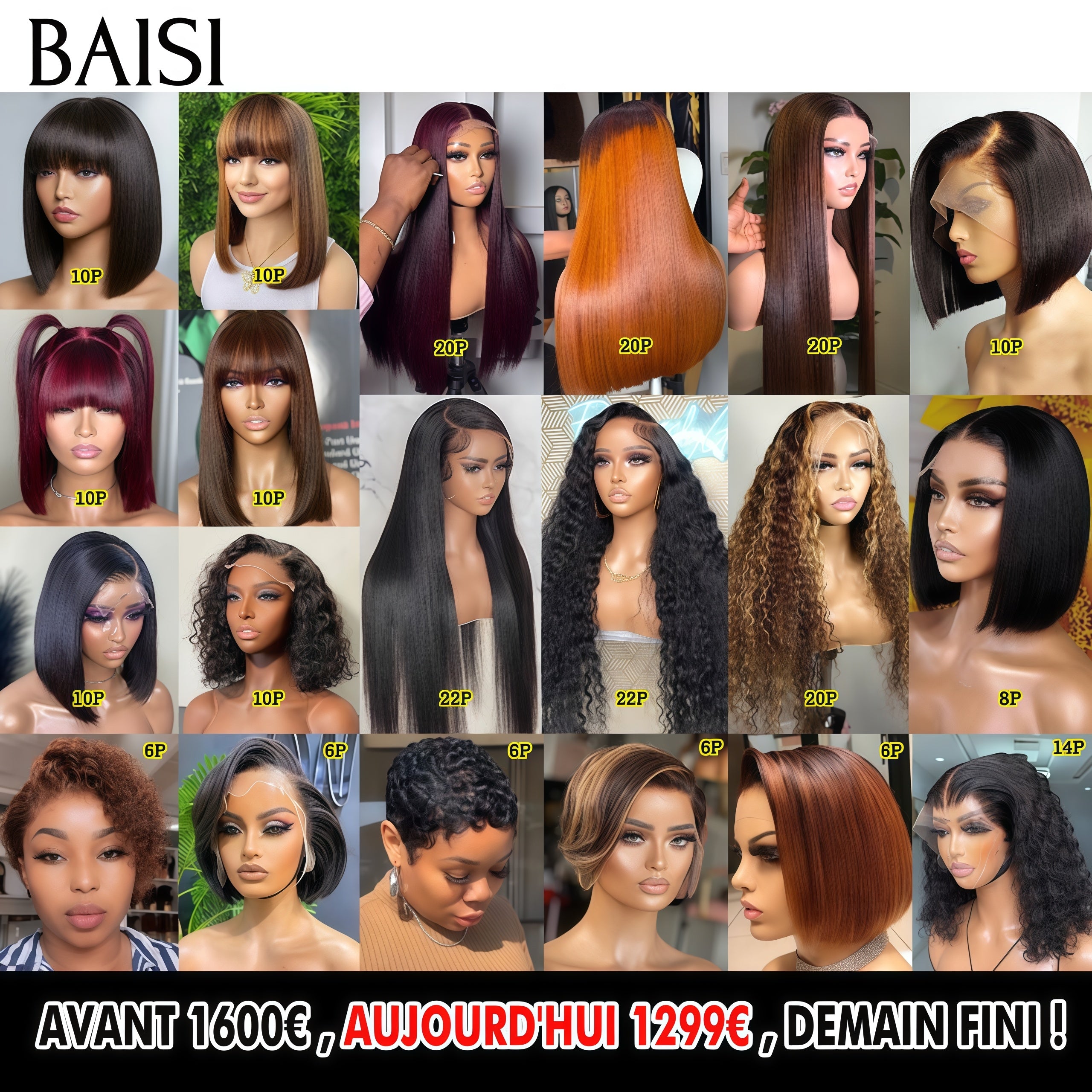 BAISI 20 Perruques Avant 1600€ , Aujourd'hui 1299€ Ventes En Gros Différents styles de perruques en 100% vrais cheveux humains, CODE: VIP400