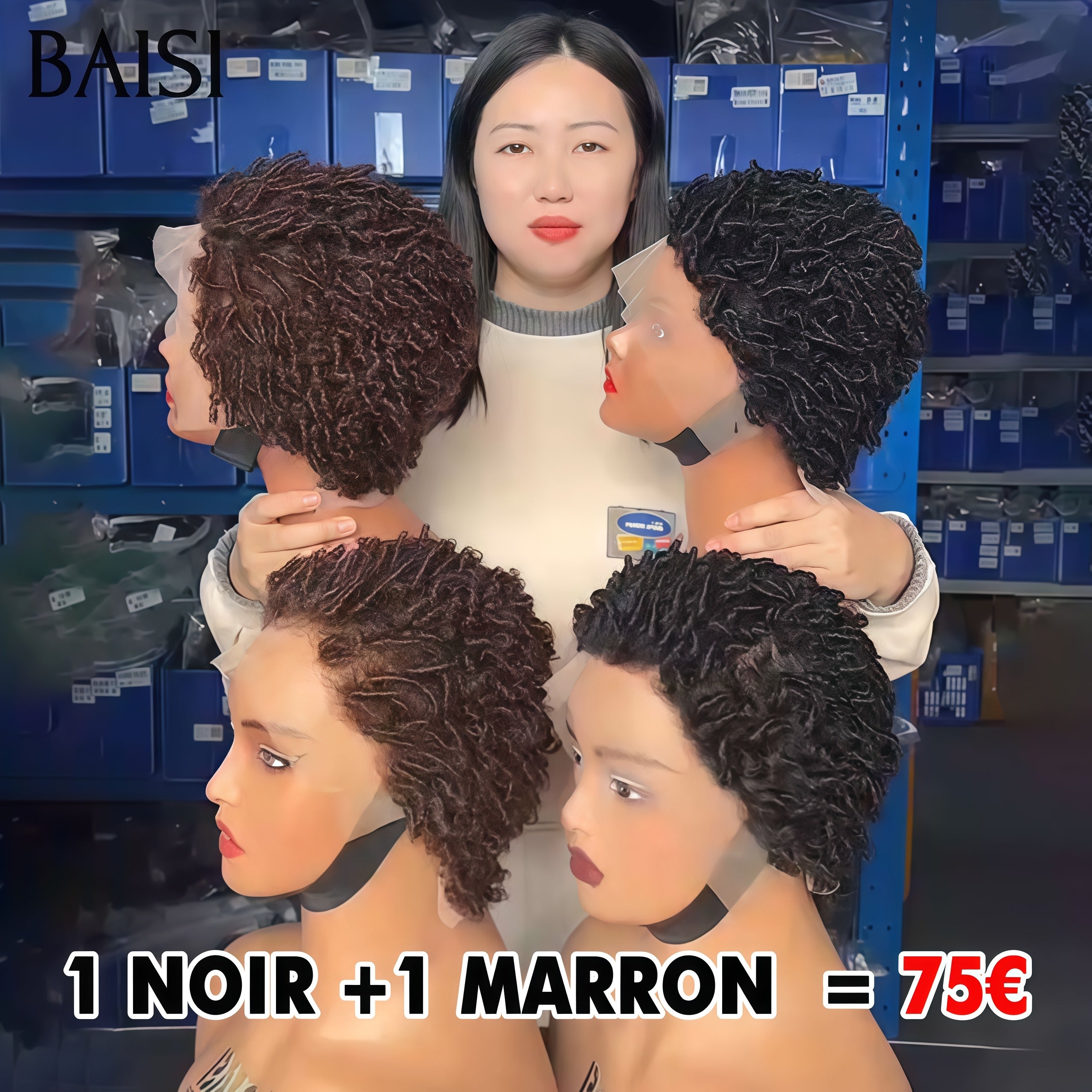 BAISI PROMO Le plus BAS PRIX 2 Perruques 75€ pixie avec 13x4 lace frontal bouclé 2 couleurs marron et noir en 100% Cheveux Humains