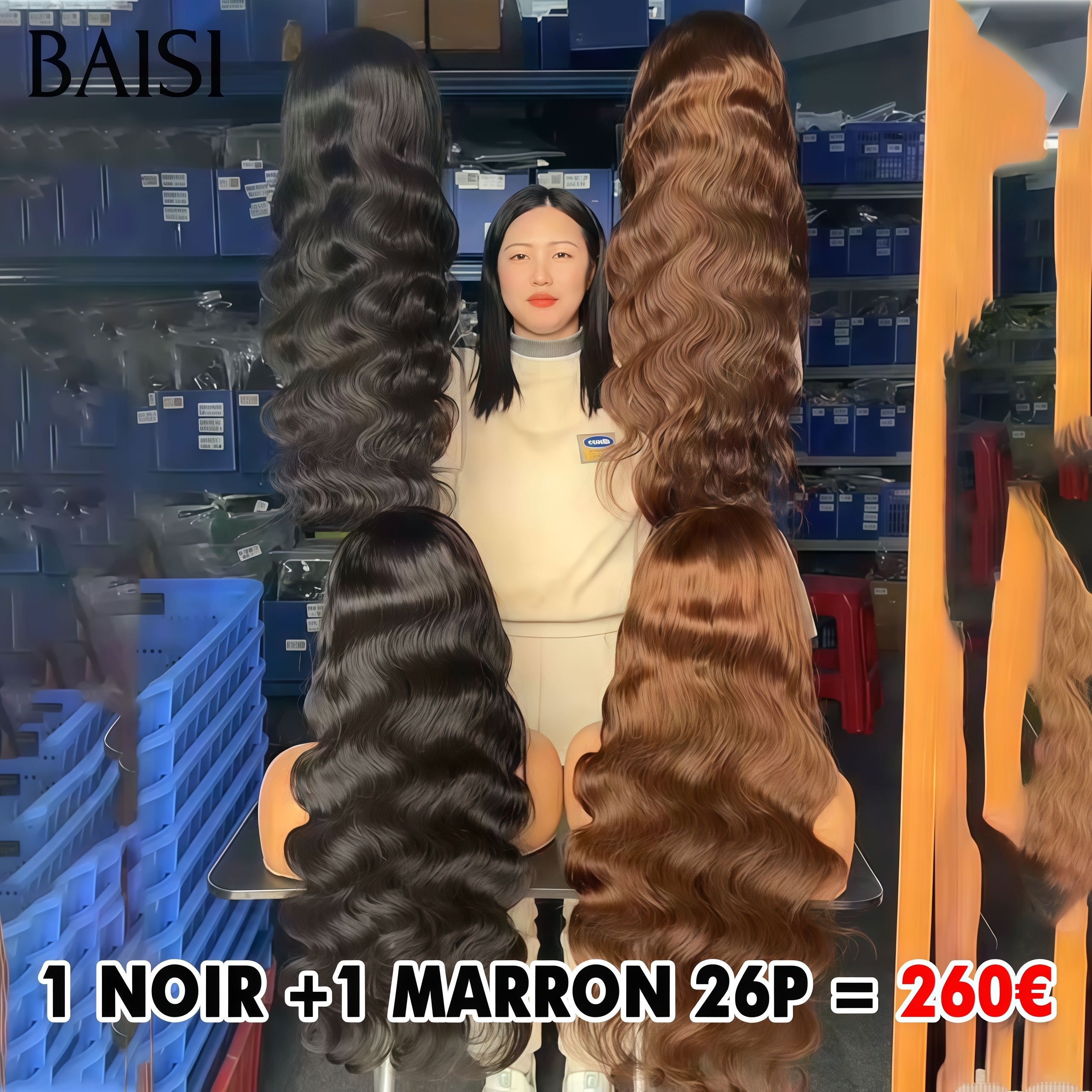 BAISI 2 Perruques 260€ 13x4 lace frontal bouclé body wave PROMO BLACK FRIDAY 26 pouces 2 couleurs marron et noir en 100% Cheveux Humains