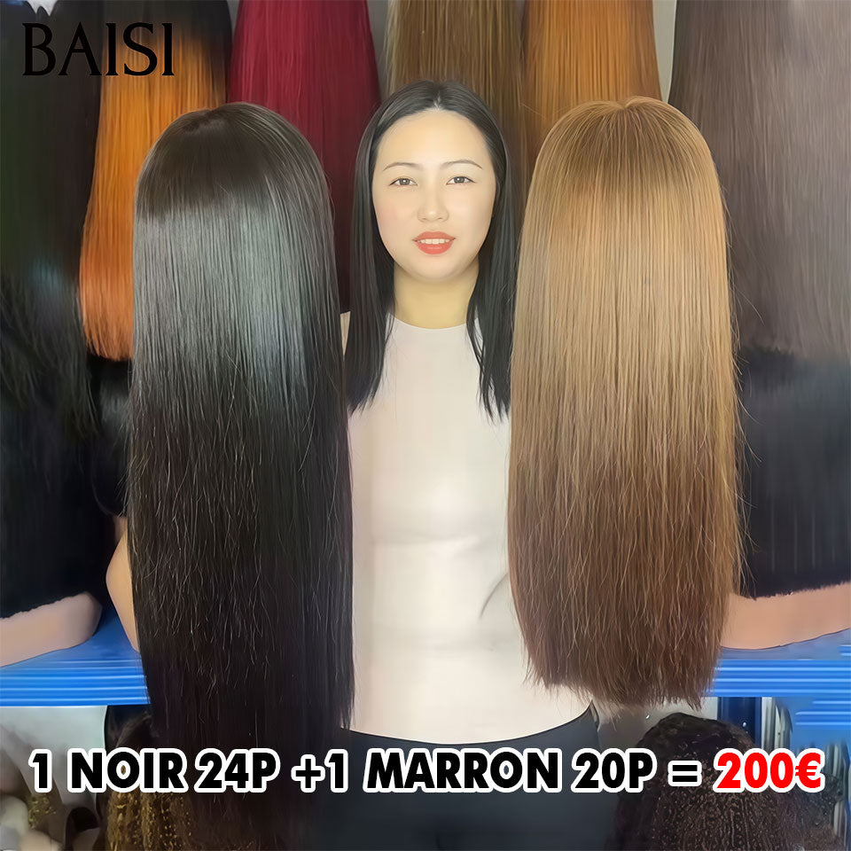 BAISI 2 Perruques 200€ 13x4 lace frontal lisse PROMO 2 couleurs marron 20 pouces et noir 24 pouces en 100% Cheveux Humains