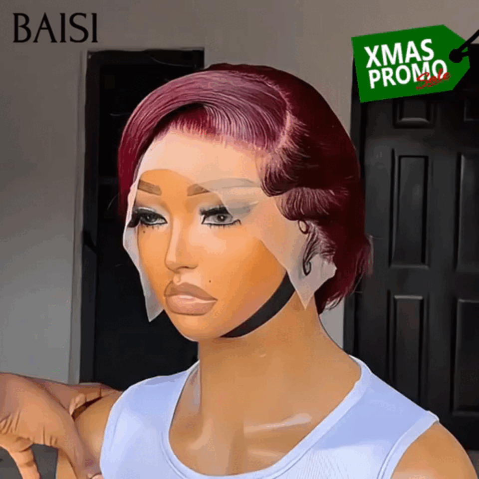 BAISI Achetez 2 perruques minimum au prix d'usine fournisseur Perruque 13x4 lace frontal pixie Lisse Bordeaux 99J# (Pas Besoin de Code)