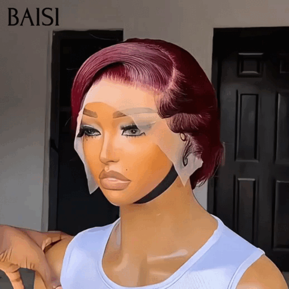 BAISI Achetez 2 perruques minimum au prix d'usine fournisseur Perruque 13x4 lace frontal pixie Lisse Bordeaux 99J# (Pas Besoin de Code)