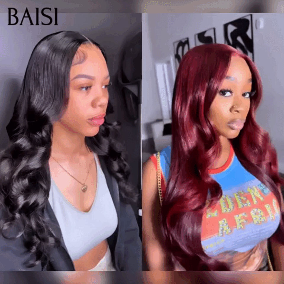 BAISI Lot de 2 Perruques 20 pouces 185€ 13x4 lace frontal body wave noir ou Bordeaux en 100% vrais cheveux humains