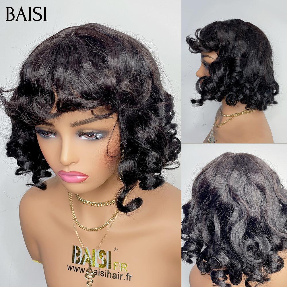 BAISI Curly Non-Lace Wig with Bangs Egg Wave 12 Inch BLACK in 100% Human Hair