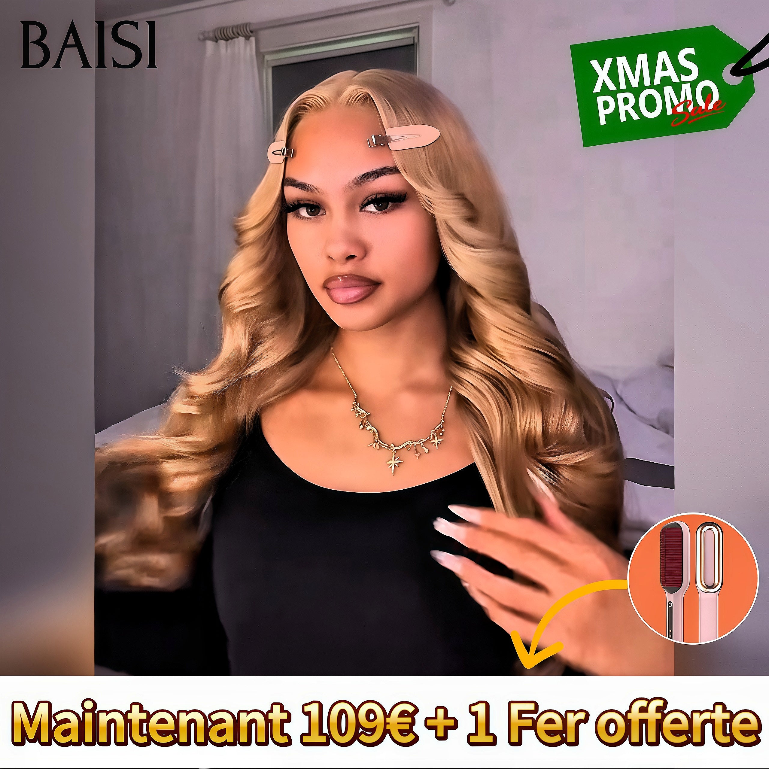 BAISI PROMO Le plus BAS PRIX lace frontal 13x4 Perruque Body wave Maintenant 109€ + 1 Fer offerte en couleur miel 27# en 100% Cheveux Humains