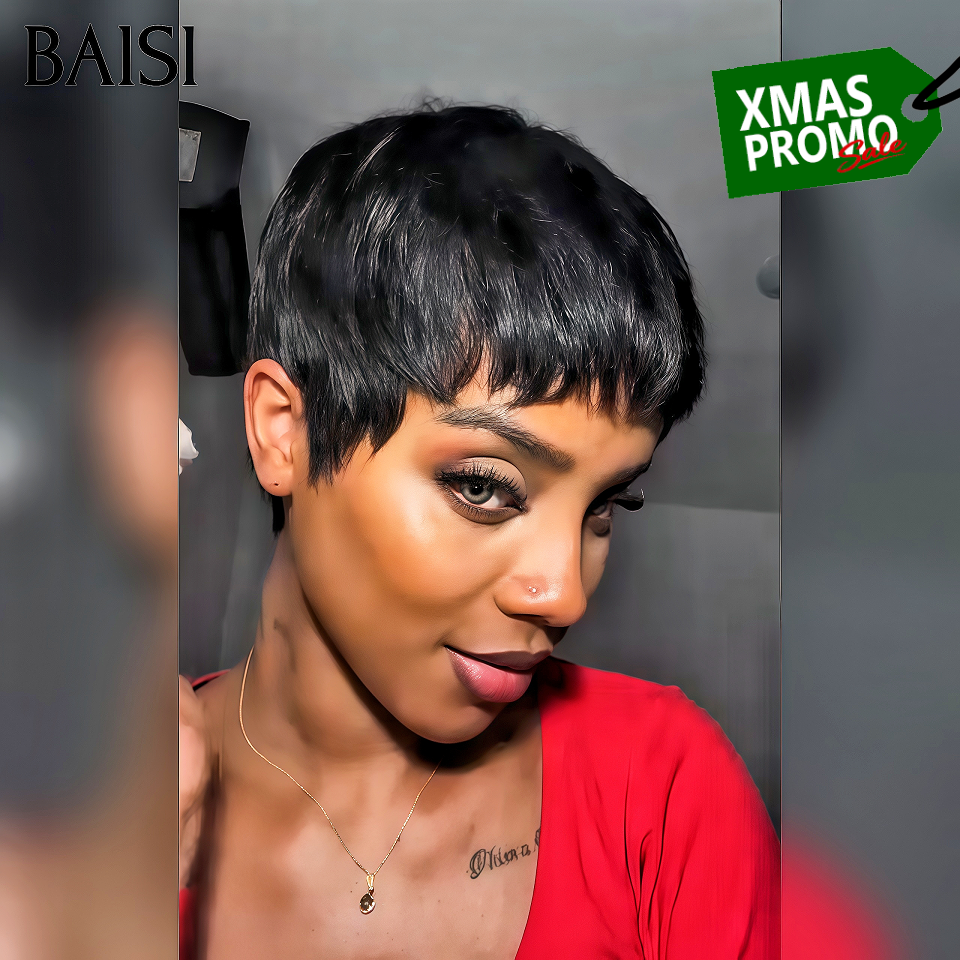 BAISI Perruque promotion Facile à porter Lisse en France sans Colle Fabriqué à la Machine pixie 39€ en 100% Cheveux Humains