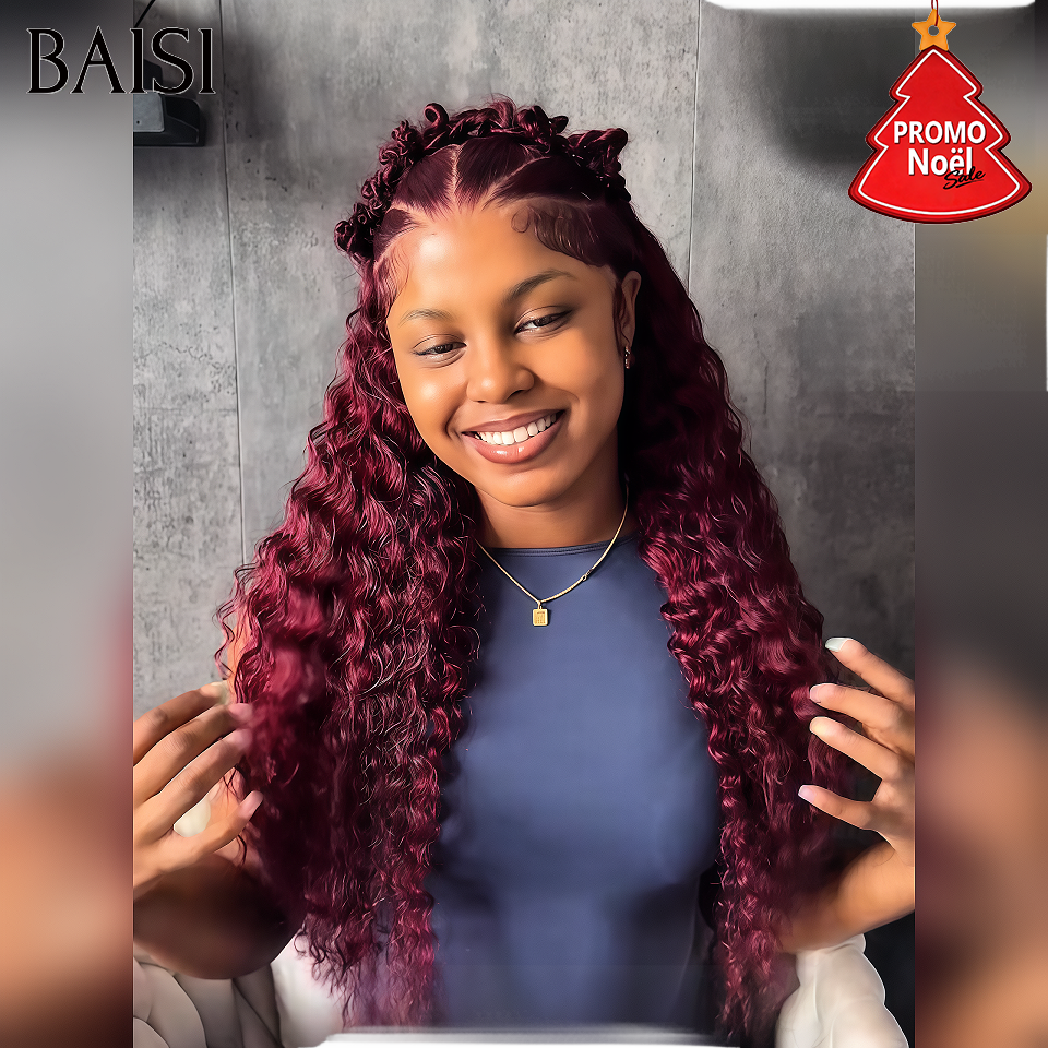 BAISI 13x4 Perruque Curly wave Bordeaux 99J# Pré-plucked Pas Besoin de Colle en 100% Raw Hair Lace déjà couper