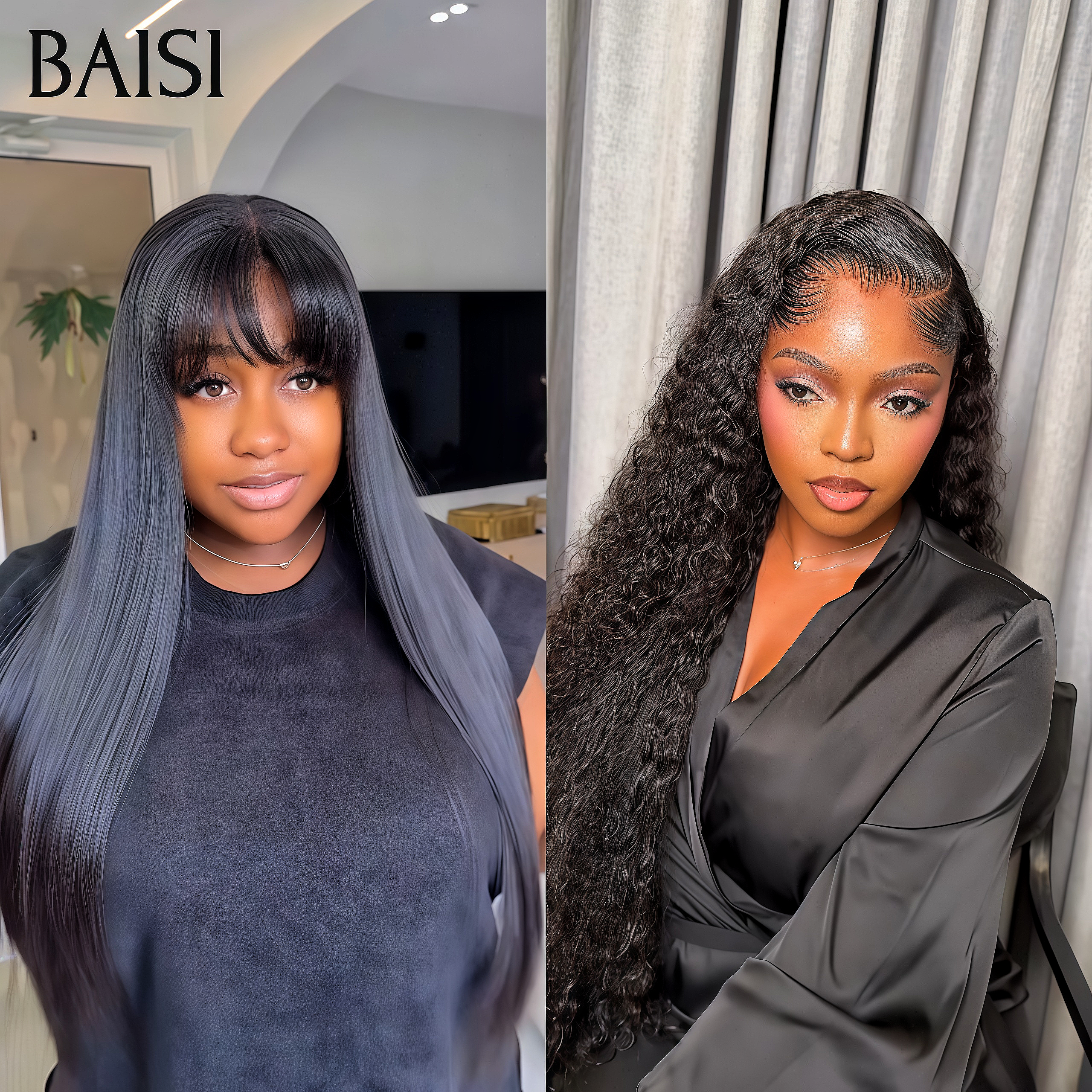 BAISI 2 Perruques 16 Pouces 159€ 13X4 lace curly wave et sans Colle Lisse avec Frange Moitié Prix Réduction avec code promo en 100% vrais cheveux humains