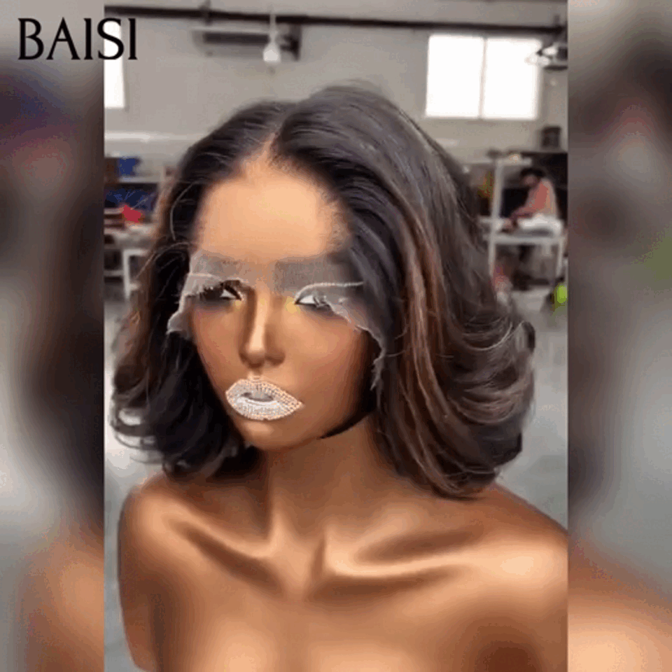 BAISI Perruque BOB 13x4 lace frontal NOIR Mixte brun 84€ egg curl wave en 100% cheveux humains