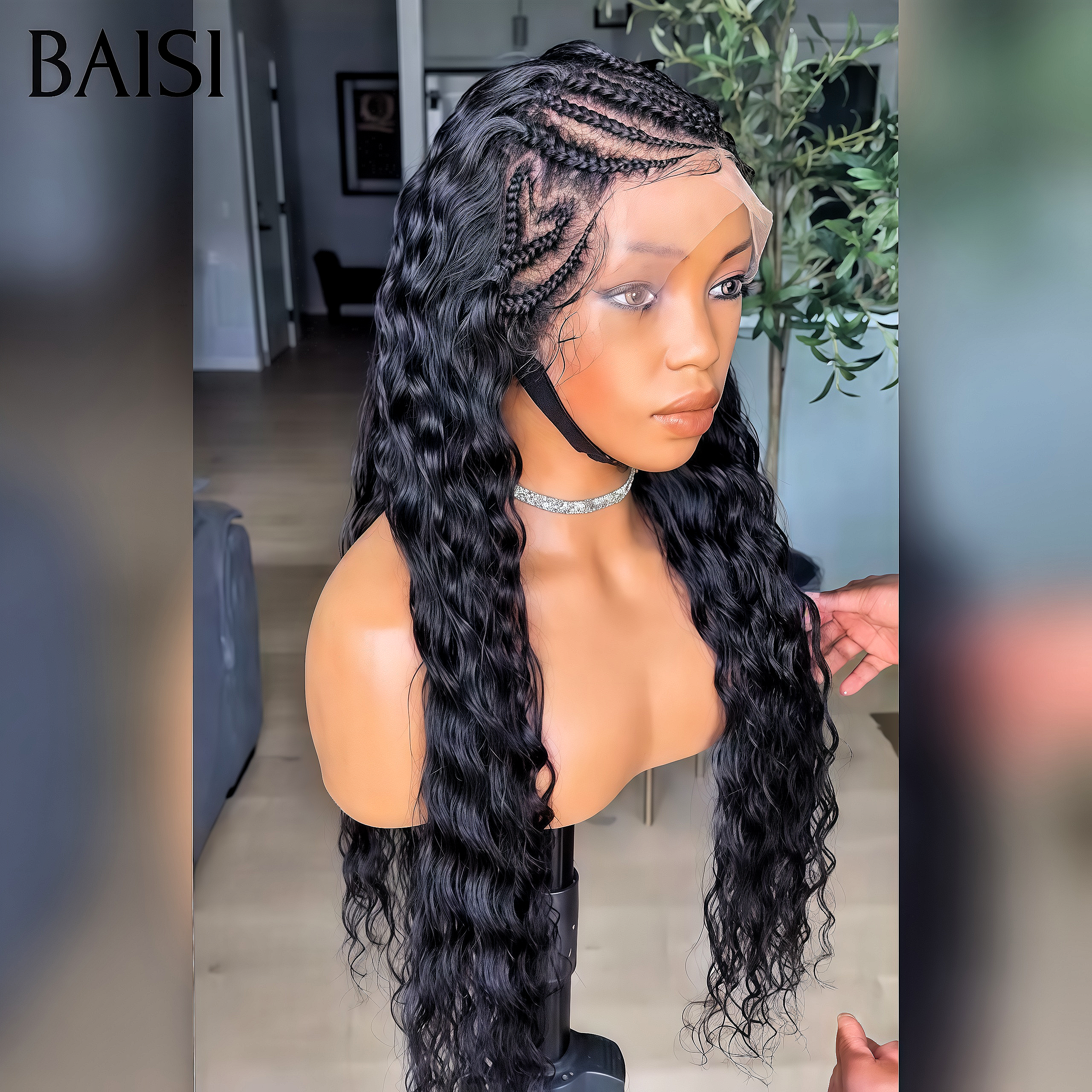 BAISI lace frontal 13x4 Perruque deep wave noir avec avec coiffure tressée natte 20 pouces Offre Flash 129€ en 100% Cheveux Humains