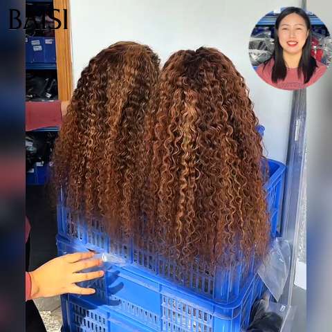 BAISI Perruques pour revendre 99€ 13x4 lace frontal curly wave 18 Pouces en couleur Marron Mixte Miel en 100% Cheveux Humains