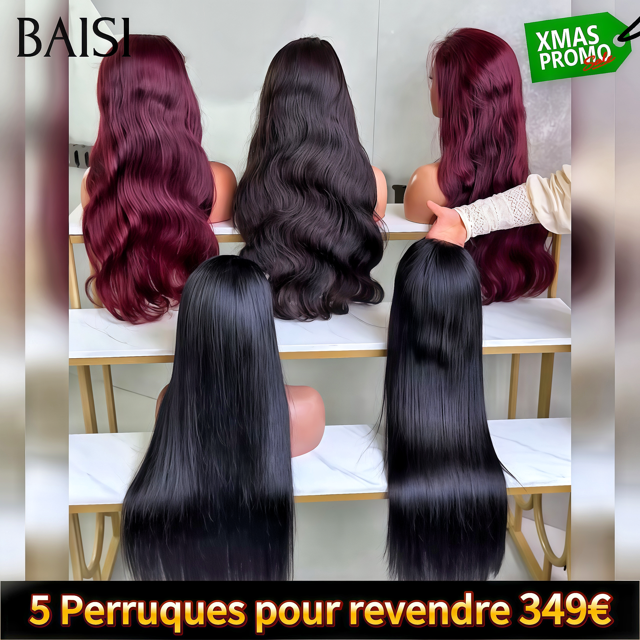 BAISI 5 Perruques pour revendre 349€ 13x4 lace frontal bouclé body wave et Lisse PROMO 18 pouces 2 couleurs Bordeaux et noir en 100% Cheveux Humains