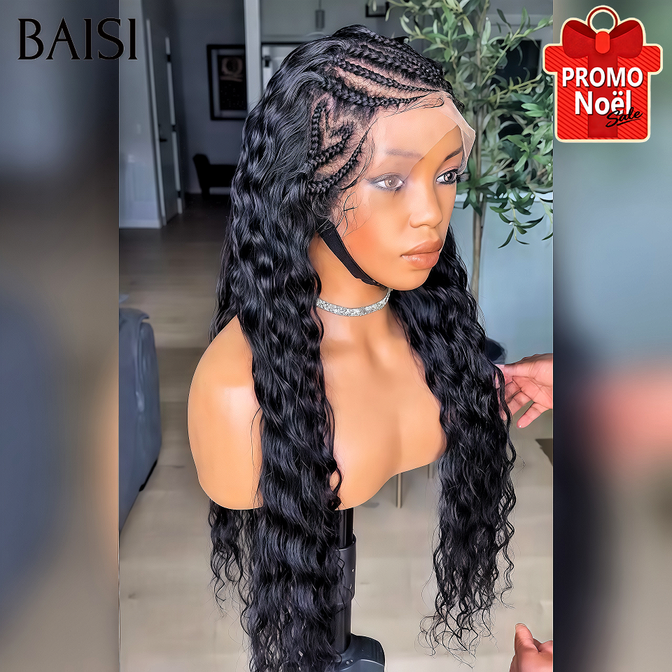 BAISI lace frontal 13x4 Perruque deep wave noir avec avec coiffure tressée natte 20 pouces Offre Flash 129€ en 100% Cheveux Humains