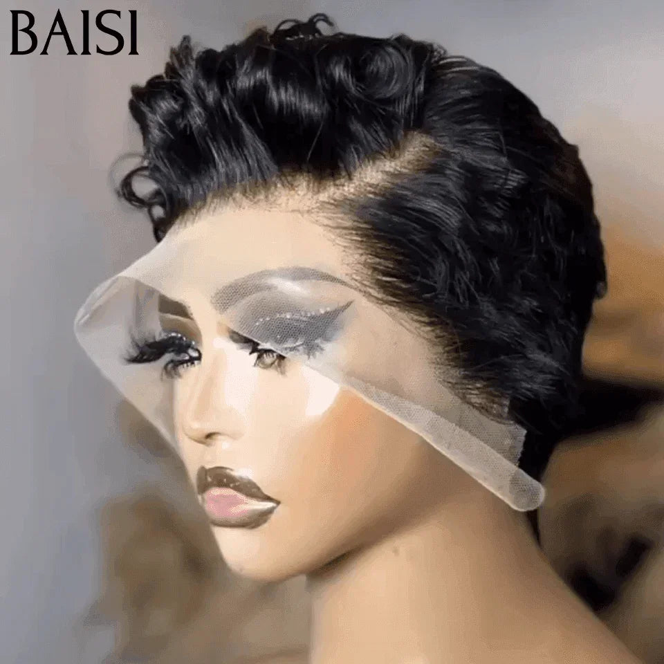 BAISI 13X4 Lace Frontale Perruque Pixie Finger Wave petite coupe en Couleur 30# 77€ ou NOIR 56€ En 100% Cheveux Humains