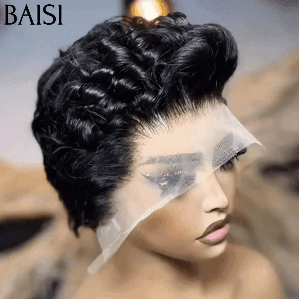 BAISI 13X4 Lace Frontale Perruque Pixie Finger Wave petite coupe en Couleur 30# 77€ ou NOIR 56€ En 100% Cheveux Humains