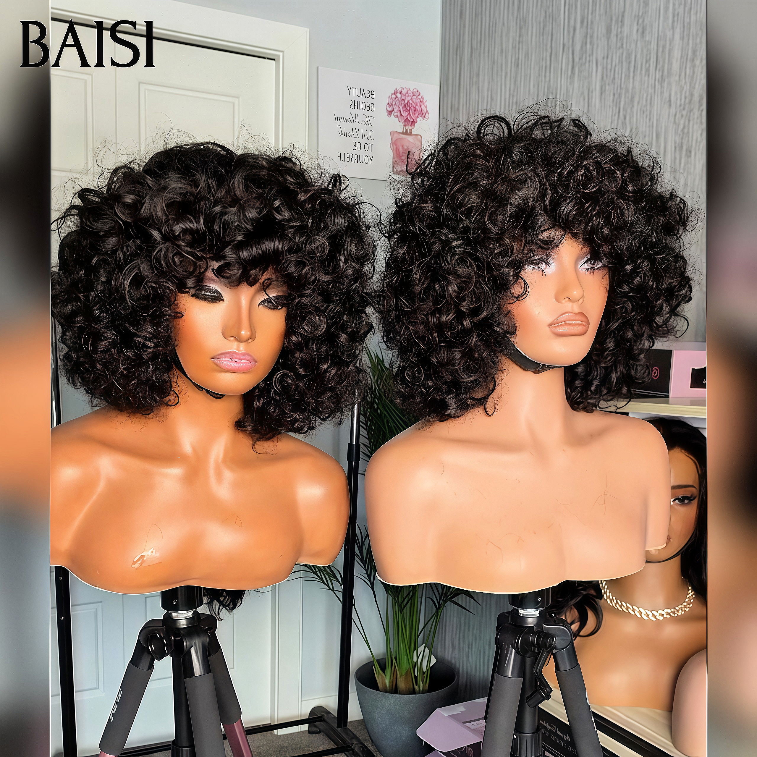 BAISI Perruque promotion egg wave avec Frange en France sans Colle Fabriqué à la Machine Facile à porter en 100% Cheveux Humains