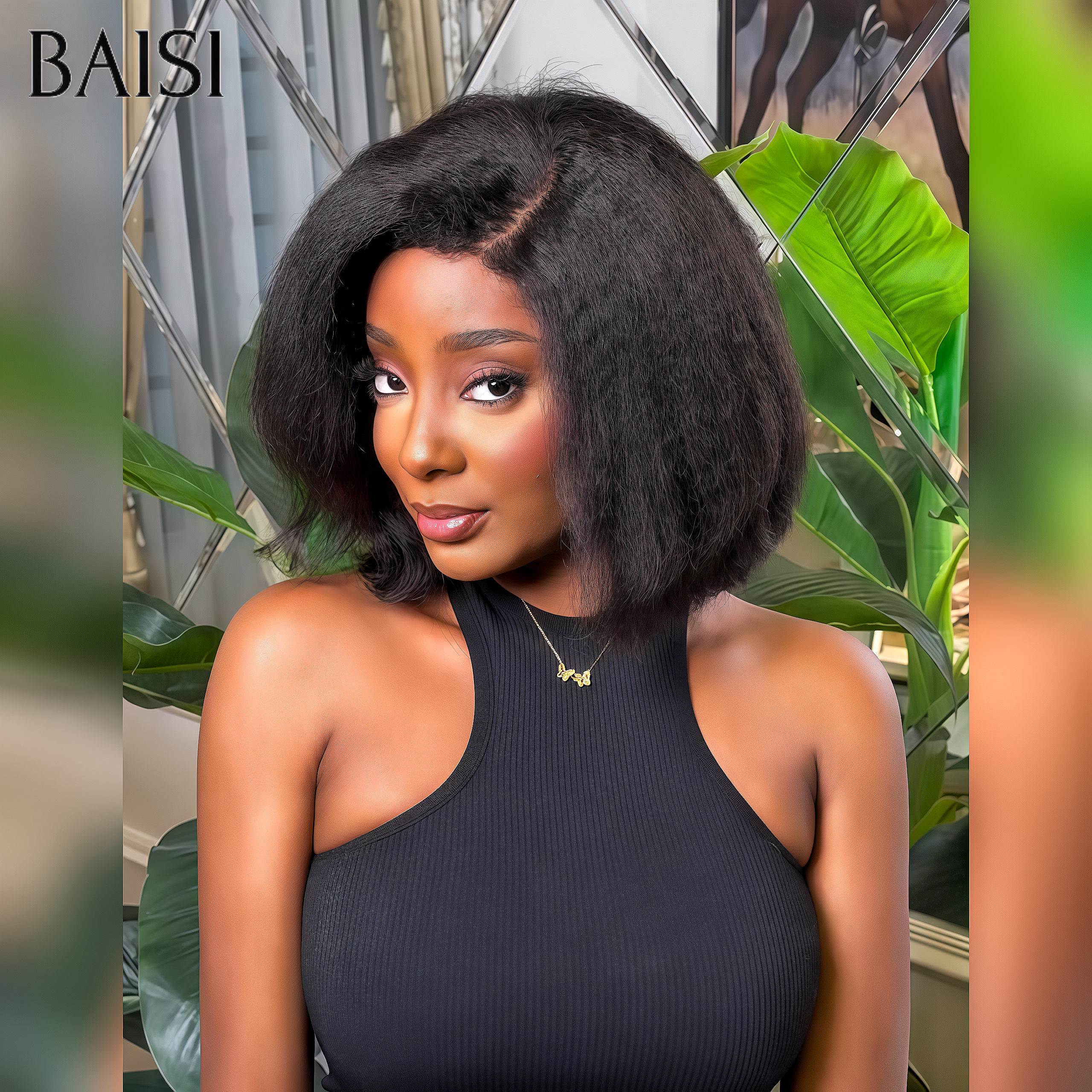 BAISI Perruque BOB 13x4 lace frontal NOIR Kinky straight 10 Pouces pour Noël 80€ en 100% cheveux humains