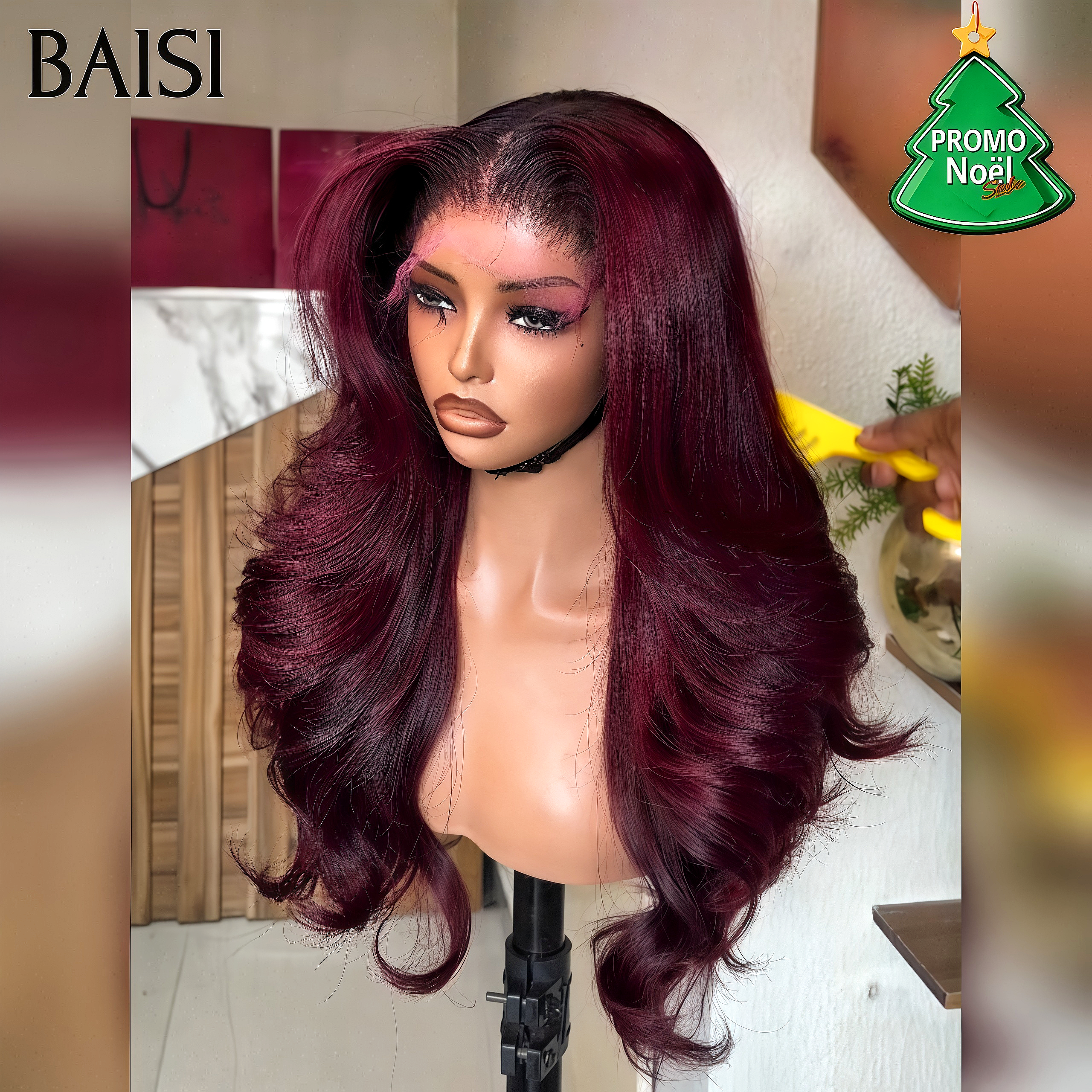 BAISI Borgonha Cor Peruca 1B / 99J # Peruca Frontal Cheia de Renda Ondulada Onda Corporal Cabelo Humano