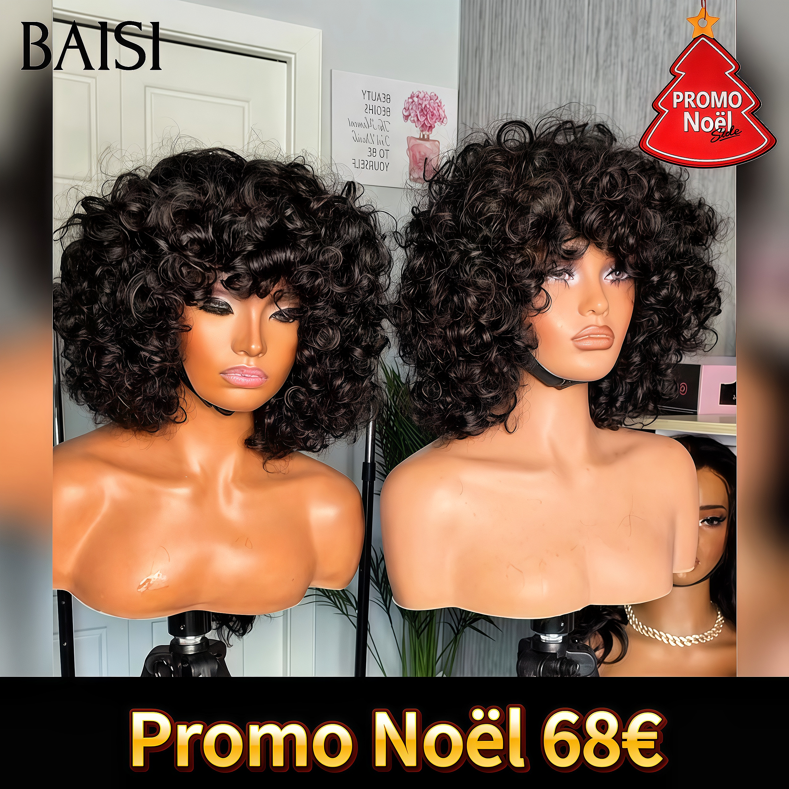 BAISI Perruque promotion egg wave avec Frange en France sans Colle Fabriqué à la Machine Facile à porter en 100% Cheveux Humains