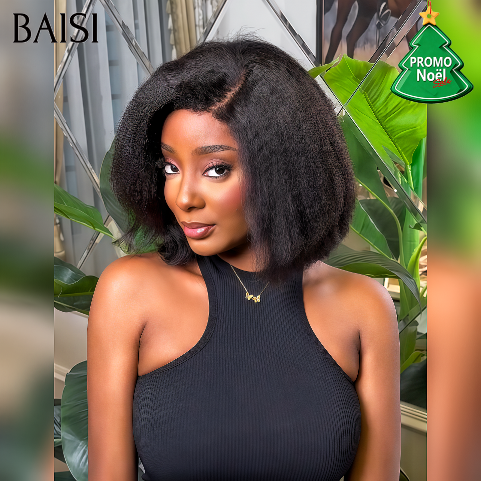 BAISI Perruque BOB 13x4 lace frontal NOIR Kinky straight 10 Pouces pour Noël 80€ en 100% cheveux humains