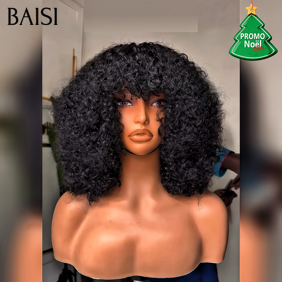 BAISI Perruque Bouclé curly Wave Avec Frange 100% Cheveux Humains