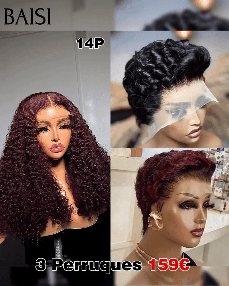BAISI perruque 13X4 lace frontal Pixie Marron 59€ ou 3 Perruques 159€ 4X4 bouclé water wave 99J# 14 Pouces ou 13X4 pixie 2 Couleurs en 100% Cheveux Humains MP50
