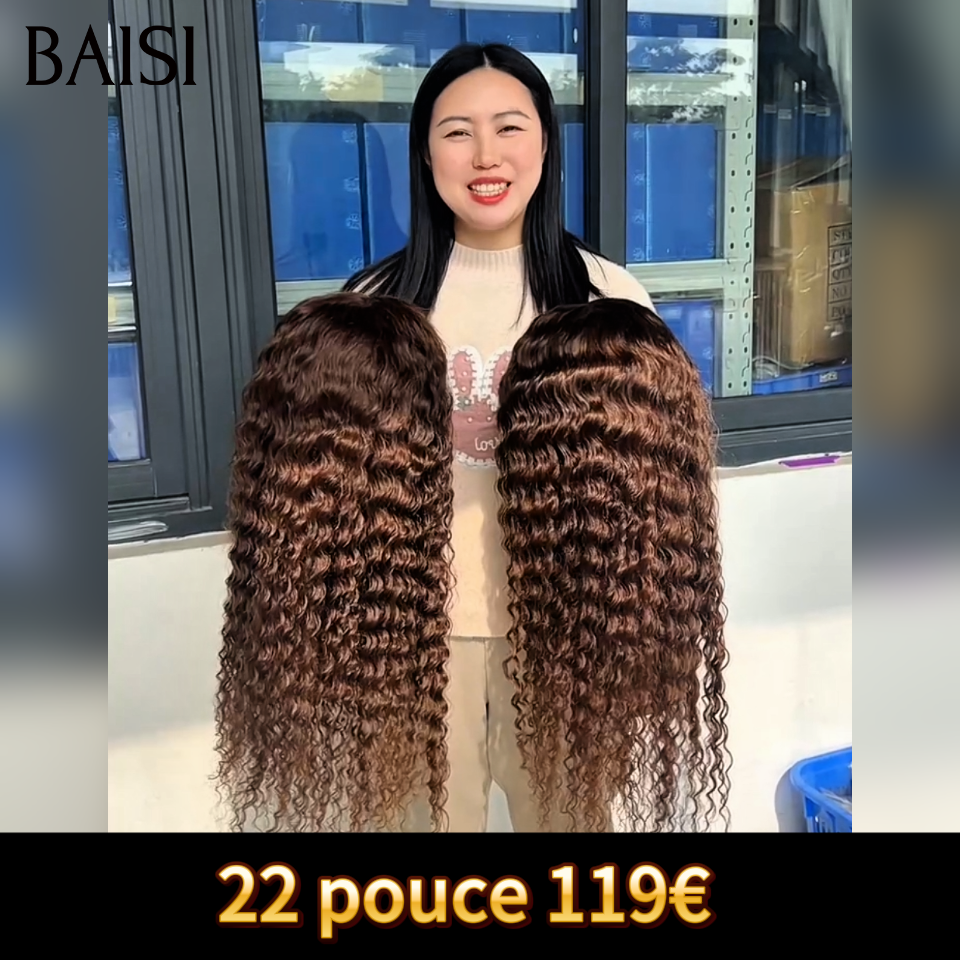 BAISI PROMO lace frontal 13x4 Perruque deep wave marron avec racine NOIR 22 pouces 119€en 100% Cheveux Humains