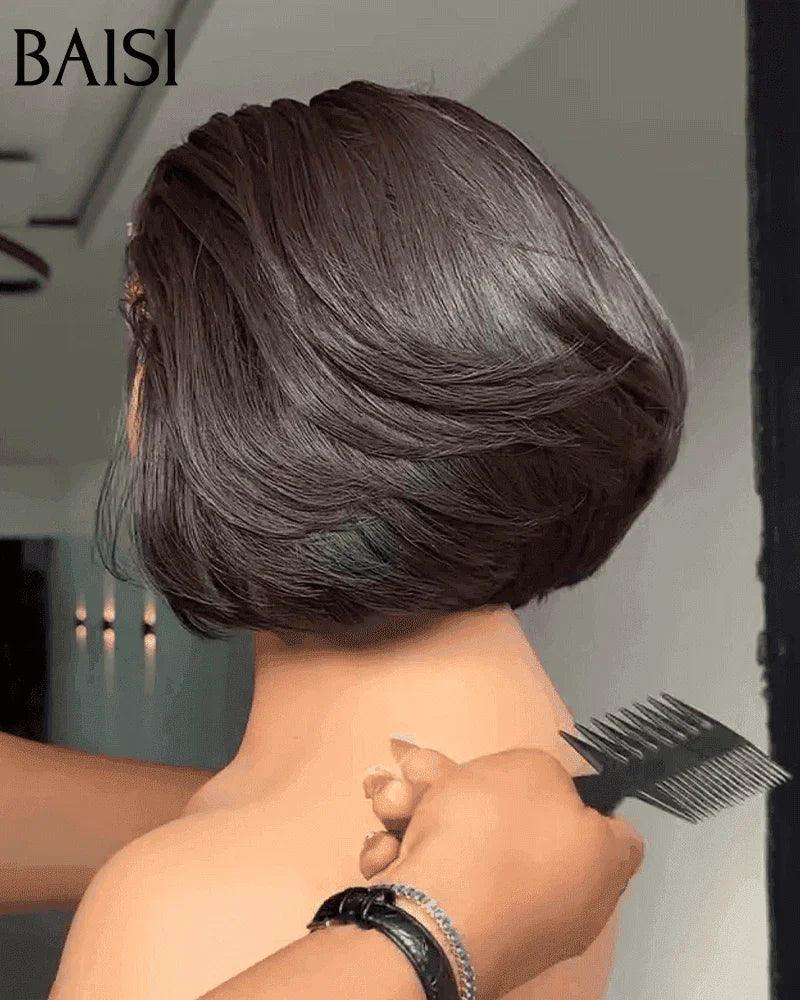 BAISI PROMOTION Pixie Couleur 69€ ou Noël 69€ Perruque 4X4 lace pixie Lisse NOIR Moitié Prix 8 Pouces en 100% Cheveux Humains MP50