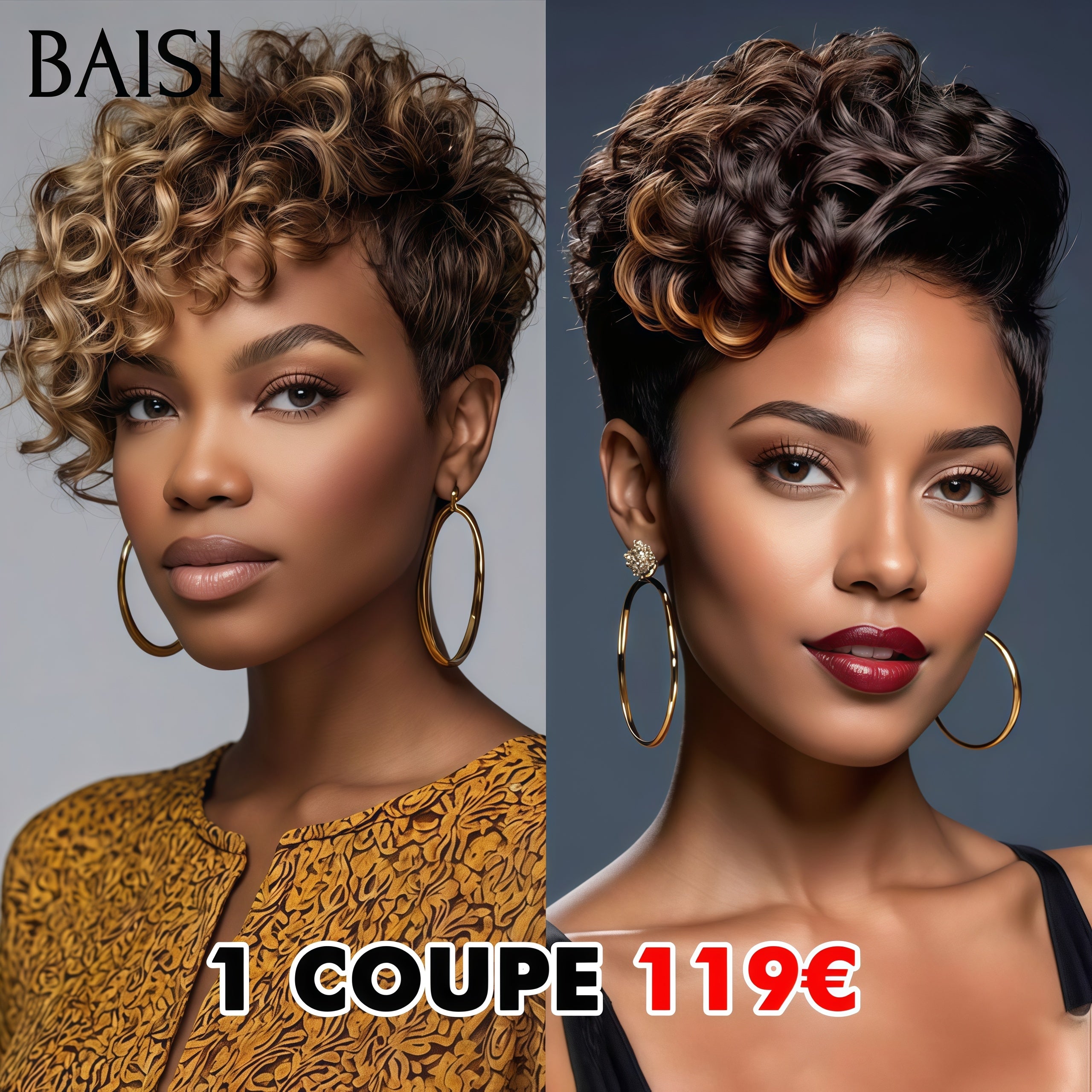 BAISI PROMO 2 Perruques 119€ Bas Prix pixie sans lace Naturelle wave en 100% cheveux humains
