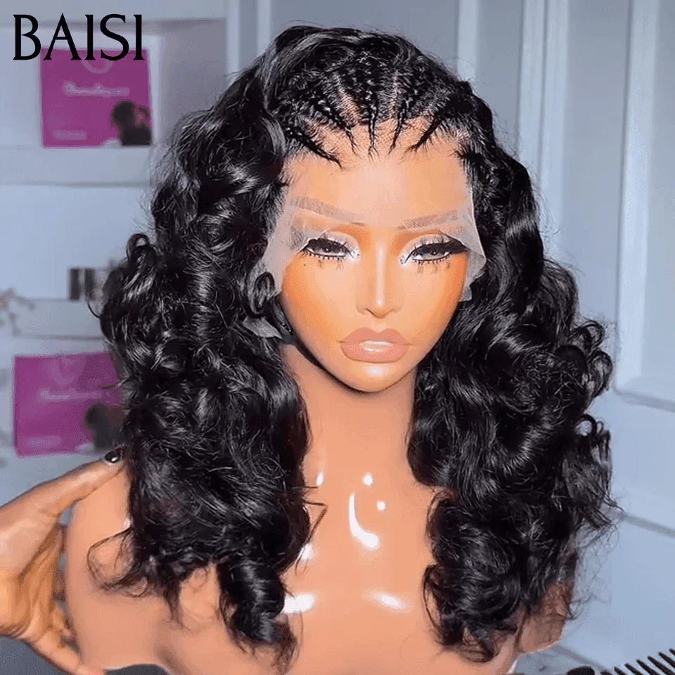 BAISI 13X4 lace perruque body wave Petite natte frisé frontale lace noir 18 pouces 100% cheveux humains BS65