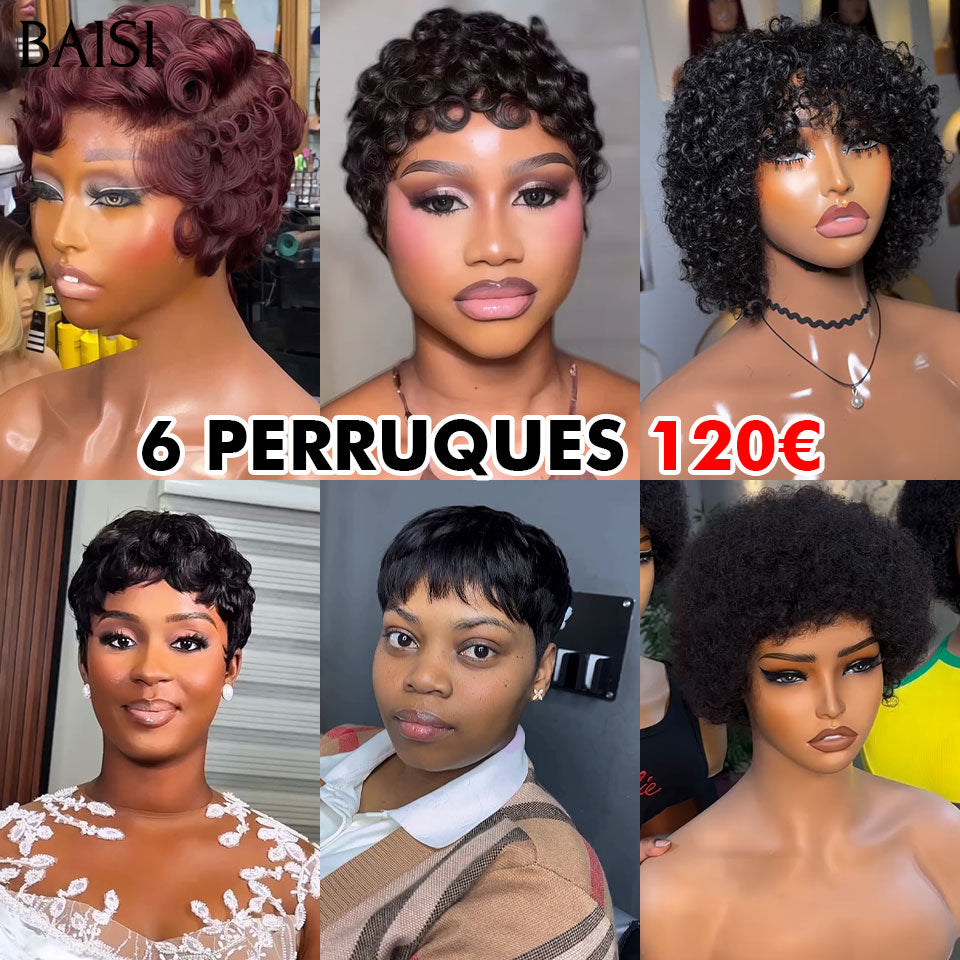 BAISI pixie 6 perruques 120€ PROMO 200% densité afro curly et lisse et finger wave sans lace sans colle en 100% Cheveux Humains fabriqué à la machine FR38